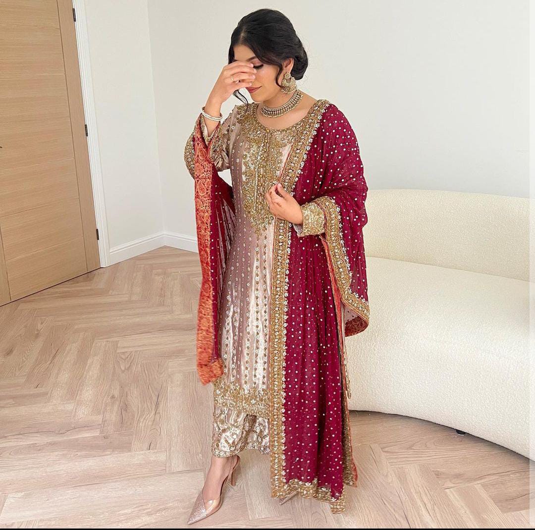 Beautiful Top - Plazzo & Dupatta With Embroidery With Sequins Work