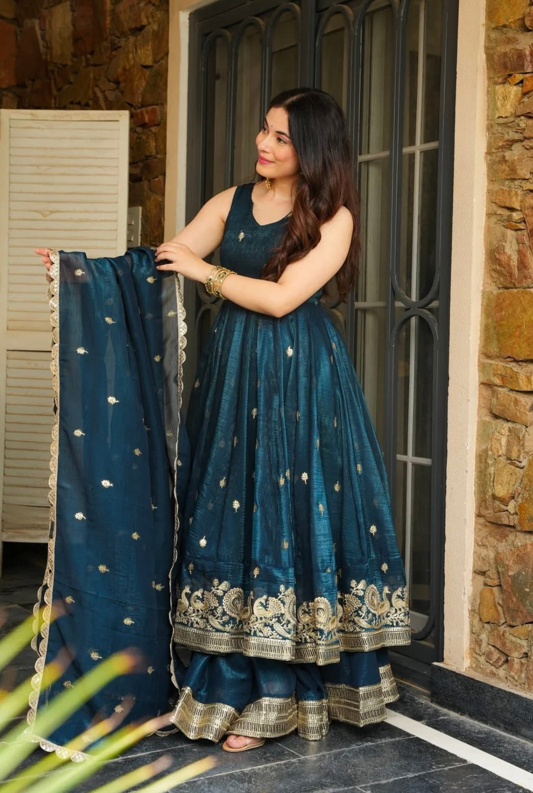 Designer Anarkali Gown, Bottom And Dupatta With Embroidered Sequence Work