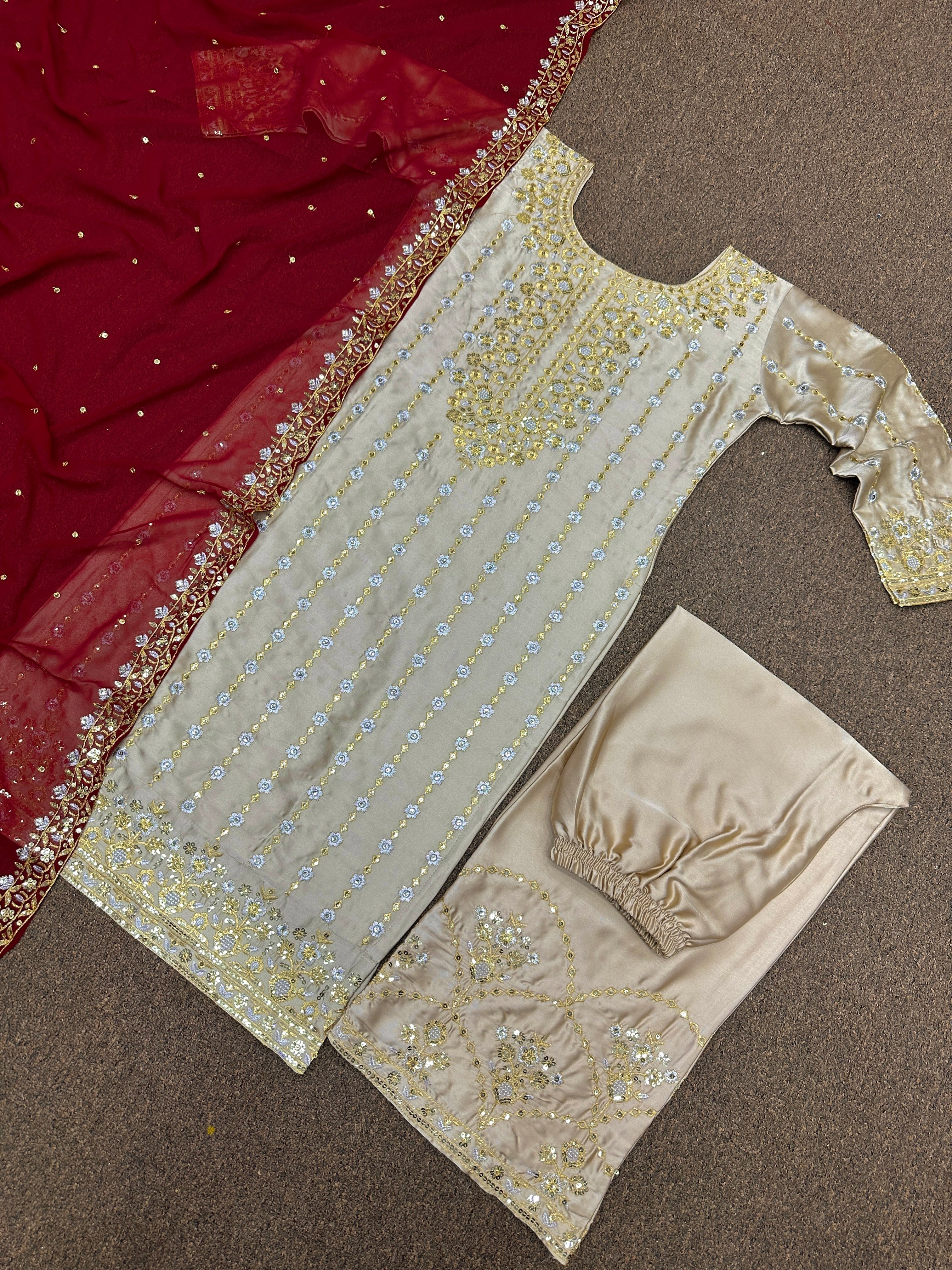 Beautiful Top - Plazzo & Dupatta With Embroidery With Sequins Work
