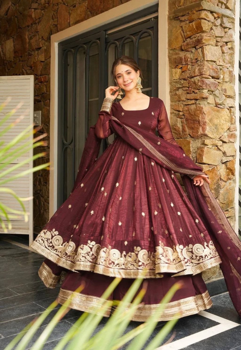 Designer Anarkali Gown, Bottom And Dupatta With Embroidered Sequence Work