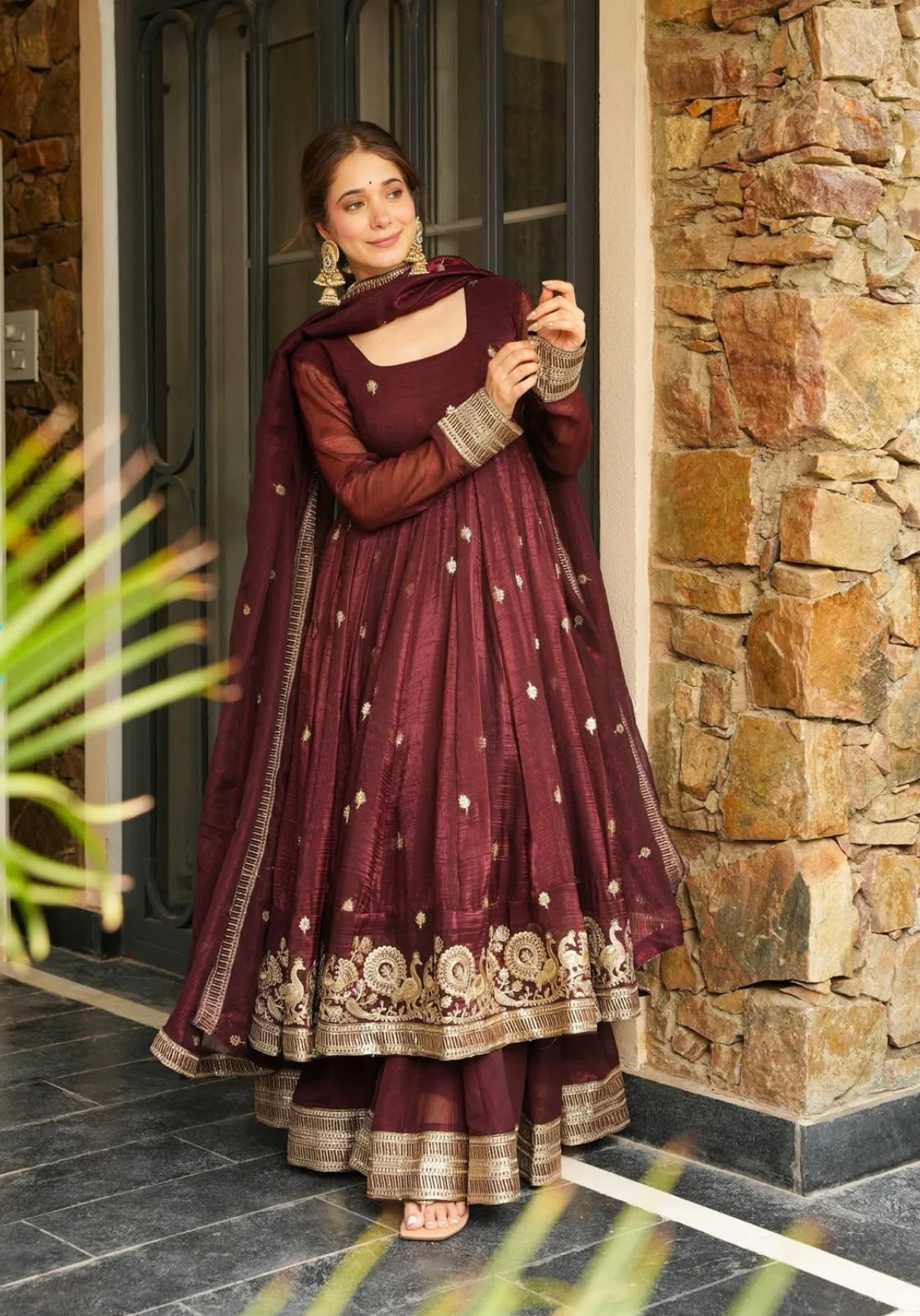 Designer Anarkali Gown, Bottom And Dupatta With Embroidered Sequence Work