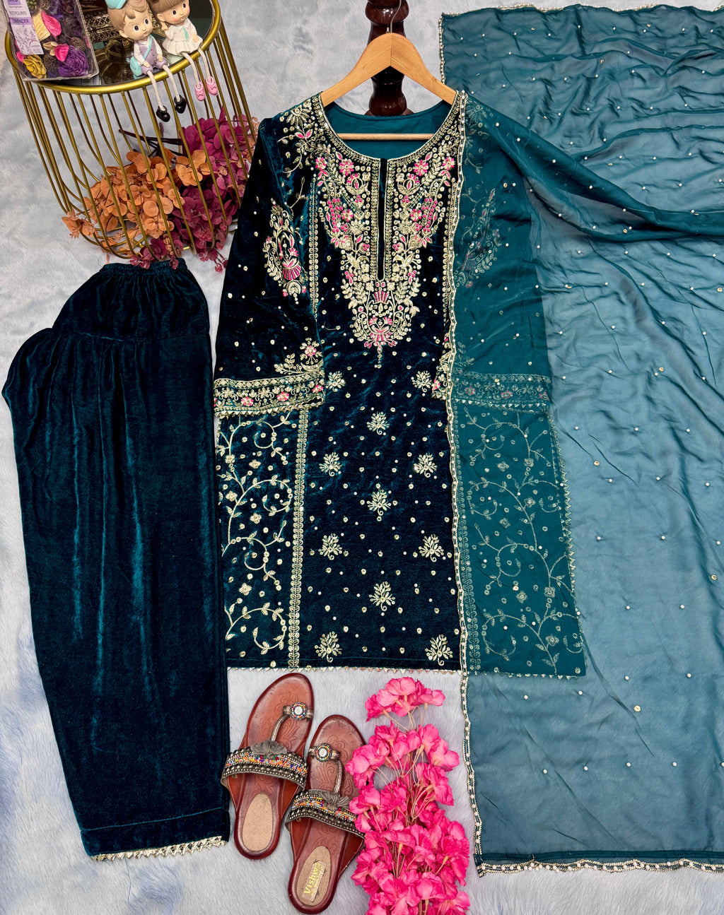 Designer Party Wear Look Heavy Pure Viscose Velvet Top Plazzo & Dupatta Set