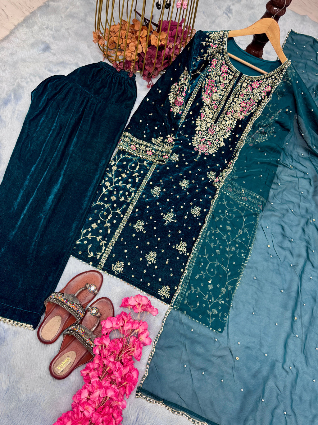 Designer Party Wear Look Heavy Pure Viscose Velvet Top Plazzo & Dupatta Set
