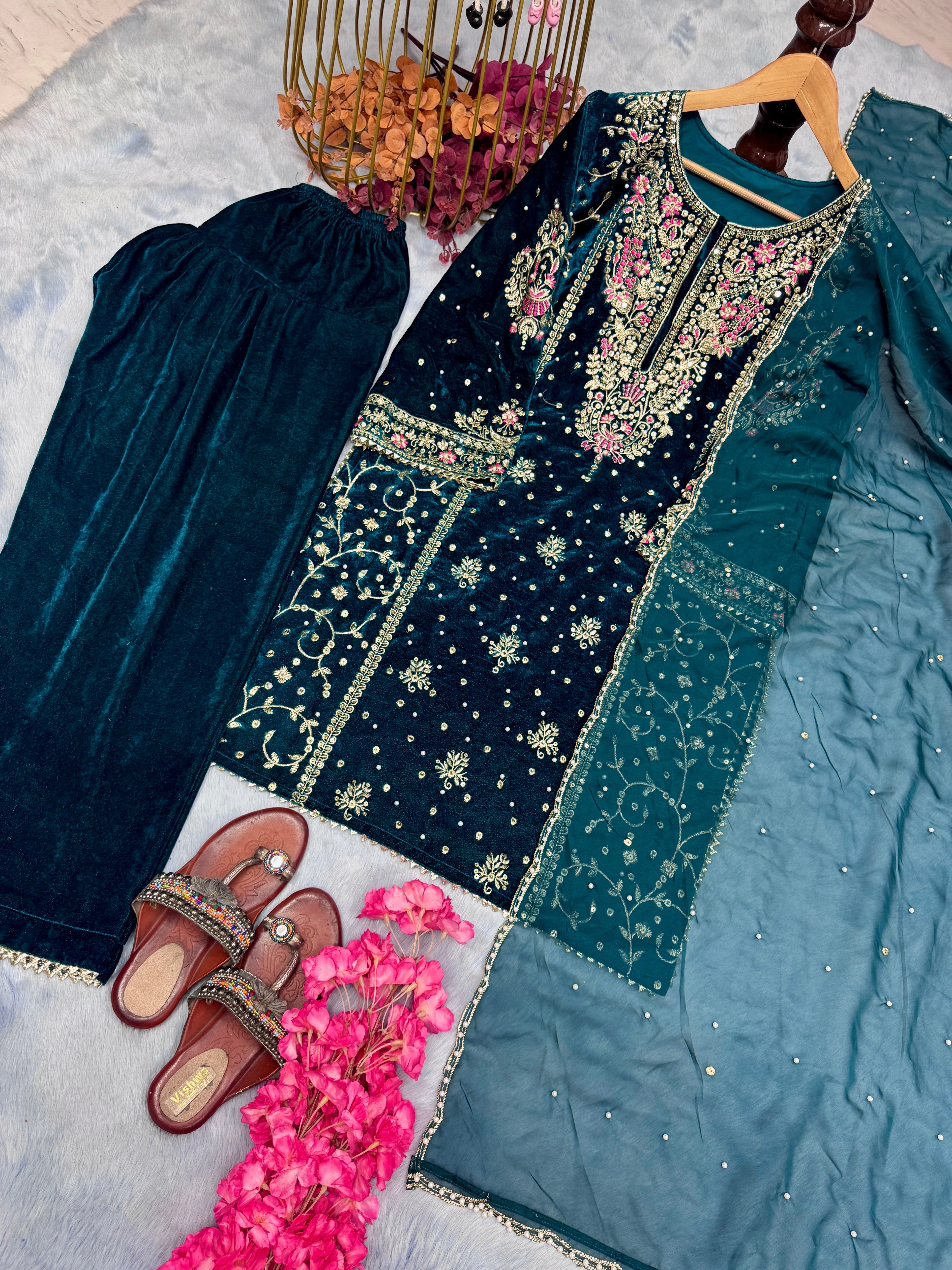 Designer Party Wear Look Heavy Pure Viscose Velvet Top Plazzo & Dupatta Set