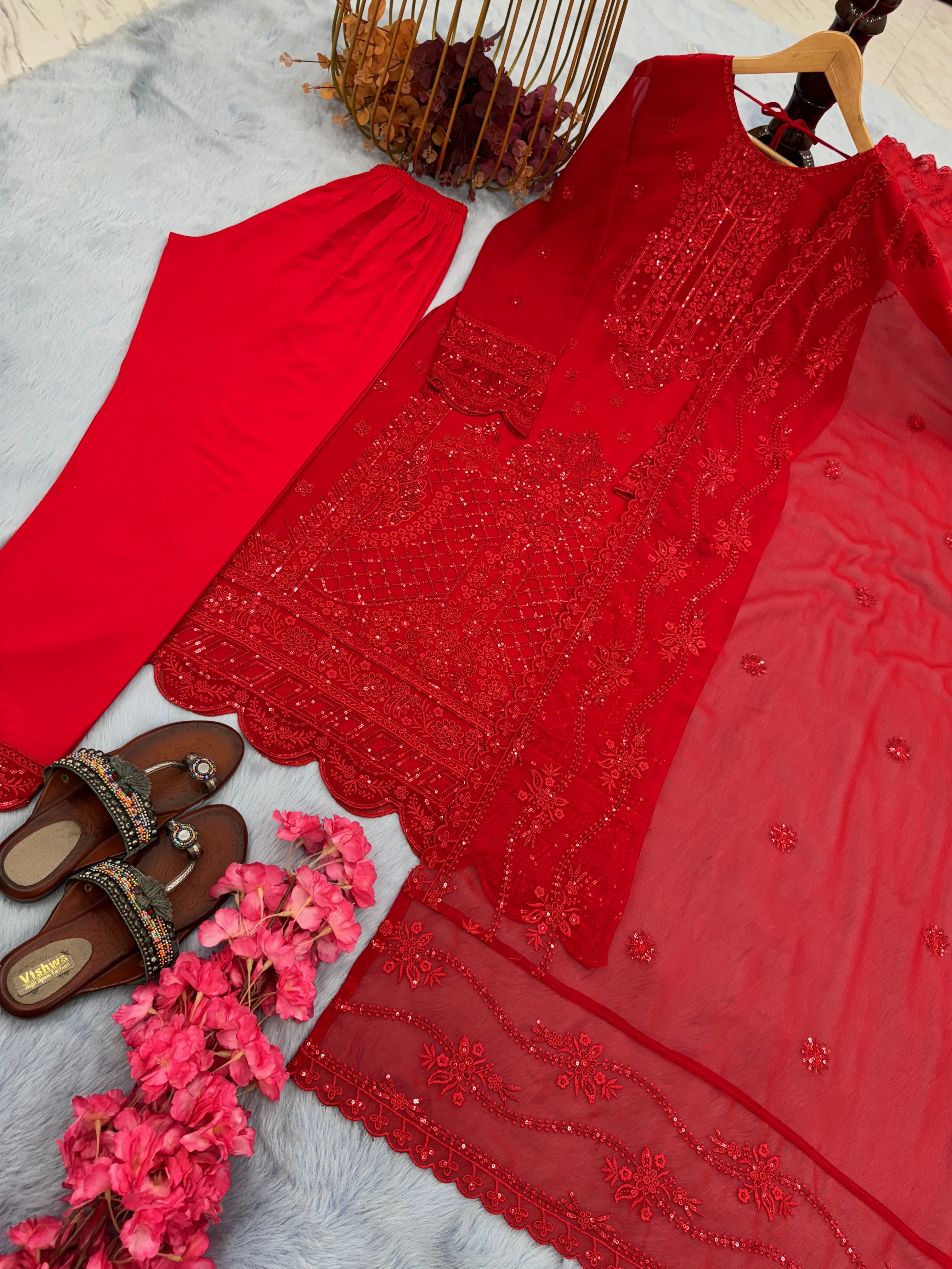 Designer Party Wear Look Heavy Faux Georgette Top Bottom & Dupatta Set