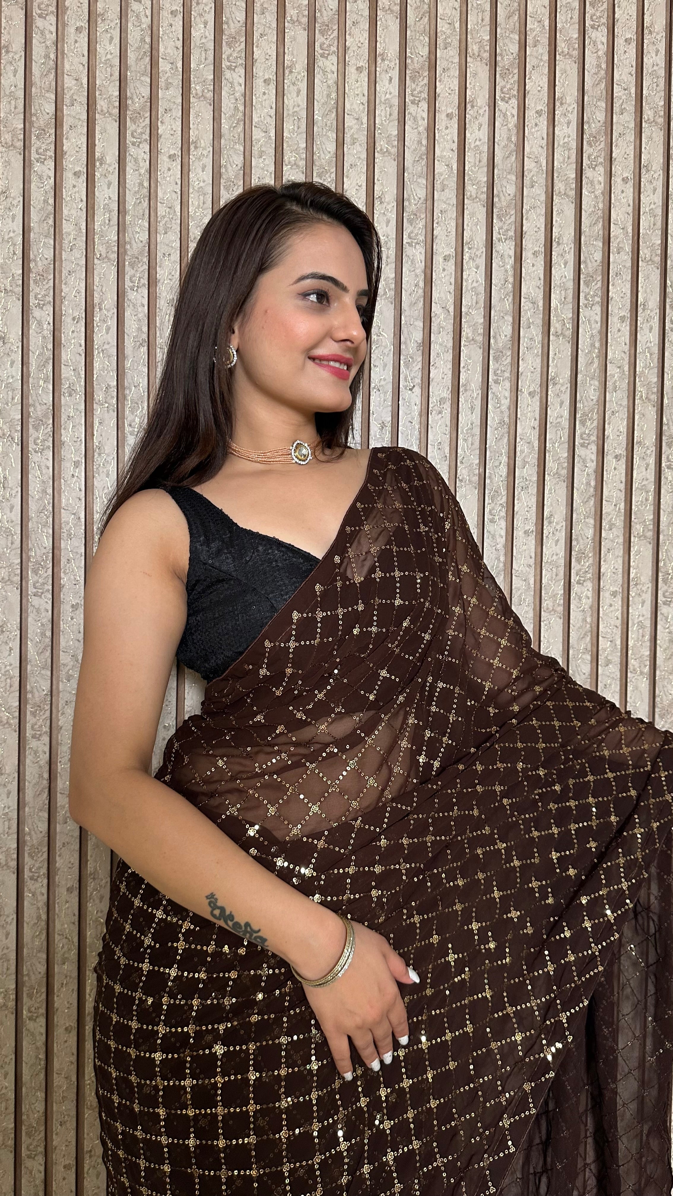 Party Wear Designer Saree With Sequence Work All Over