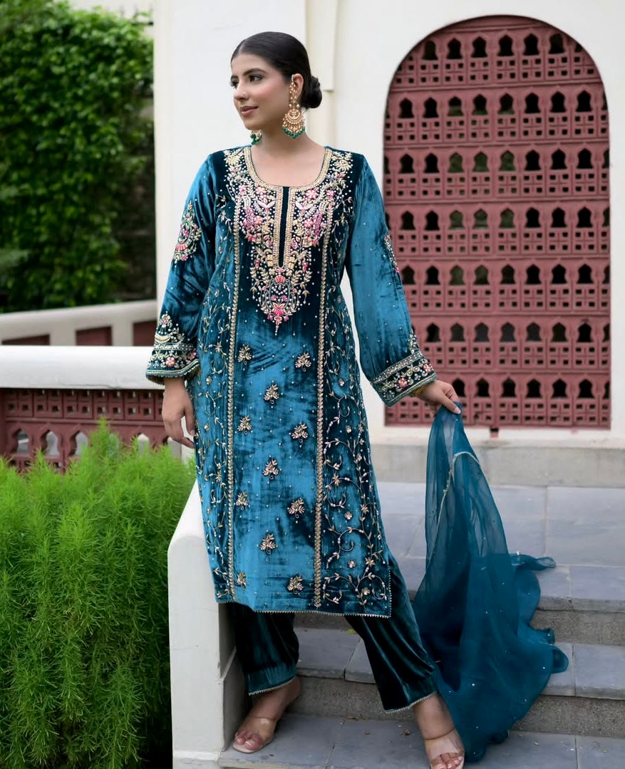 Designer Party Wear Look Heavy Pure Viscose Velvet Top Plazzo & Dupatta Set