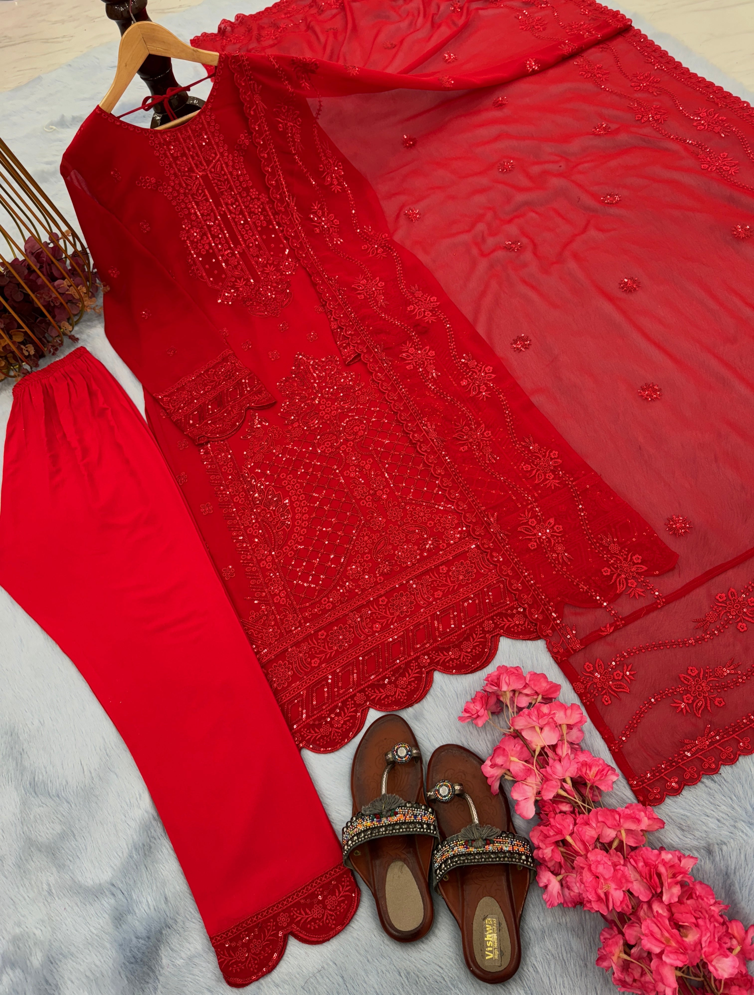 Designer Party Wear Look Heavy Faux Georgette Top Bottom & Dupatta Set