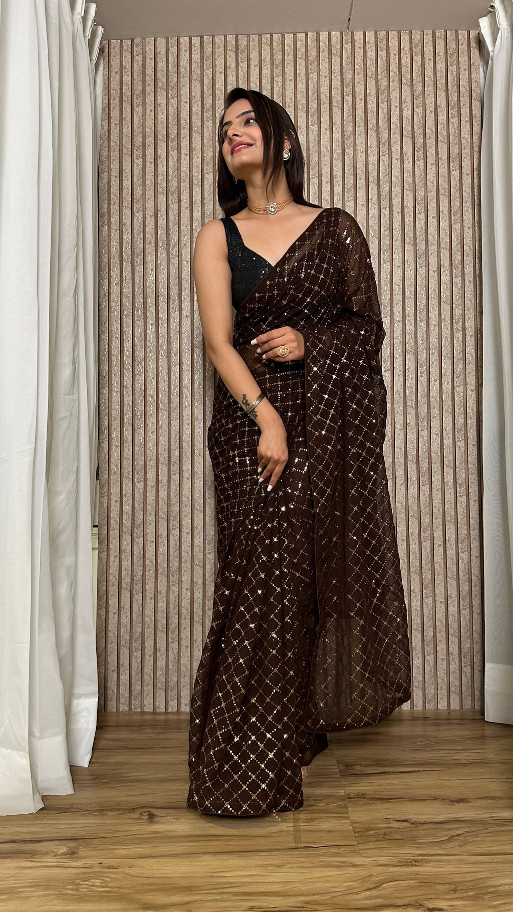 Party Wear Designer Saree With Sequence Work All Over