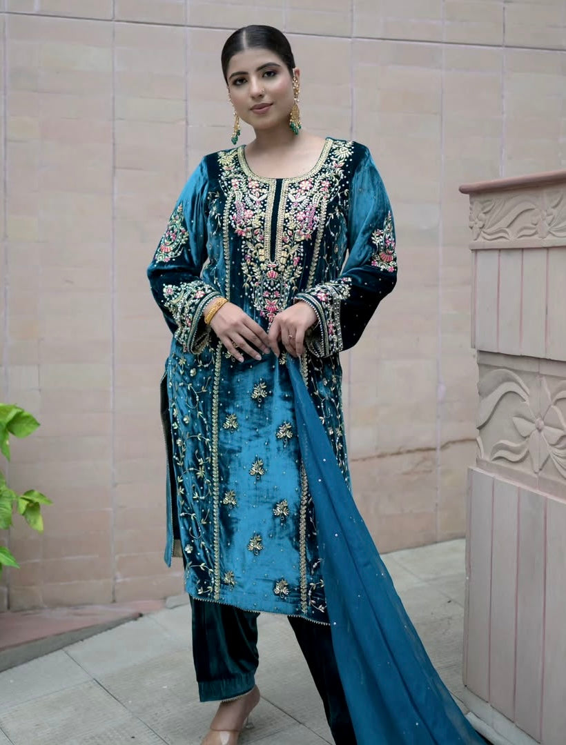 Designer Party Wear Look Heavy Pure Viscose Velvet Top Plazzo & Dupatta Set