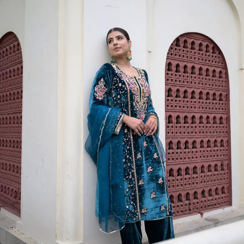 Designer Party Wear Look Heavy Pure Viscose Velvet Top Plazzo & Dupatta Set