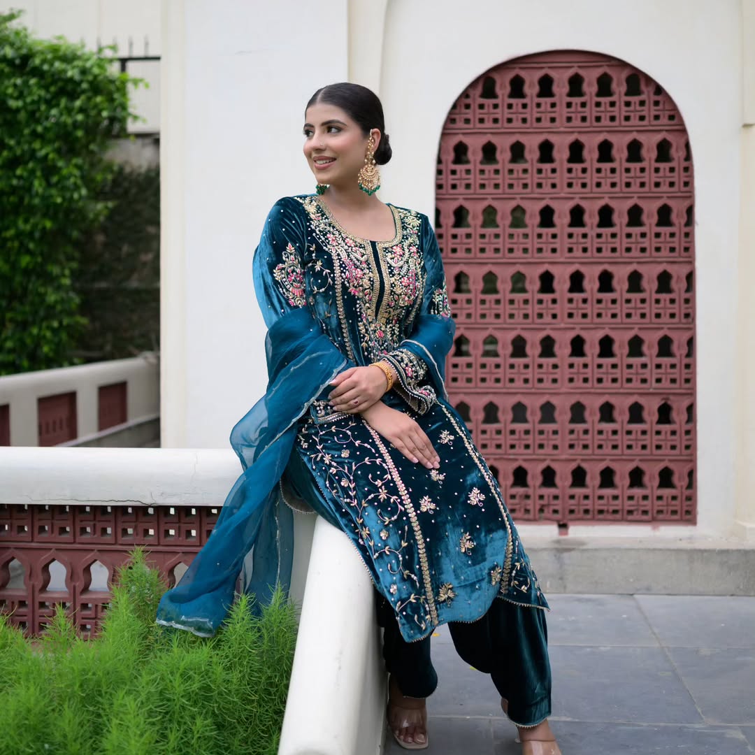 Designer Party Wear Look Heavy Pure Viscose Velvet Top Plazzo & Dupatta Set