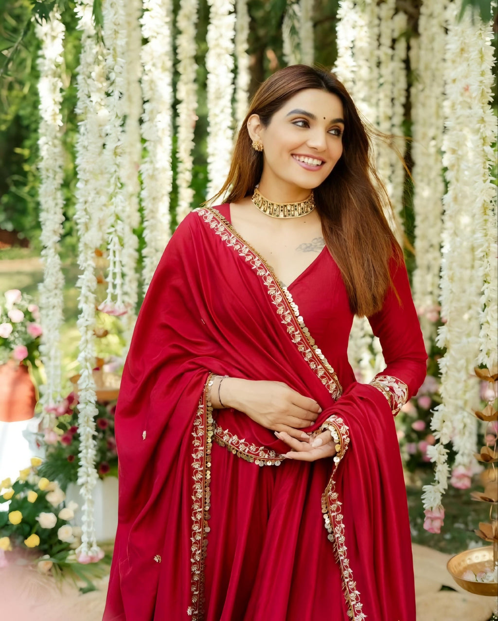 Designer Anarkali Gown With Thread-Sequins Embroidery Work