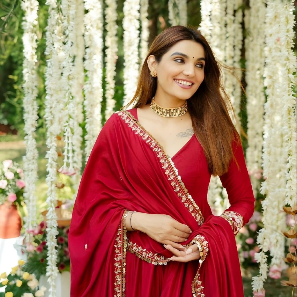 Designer Anarkali Gown With Thread-Sequins Embroidery Work