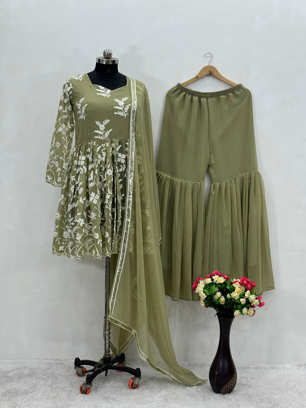Fancy Party Wear Top Sharara And Dupatta With Stitched Work