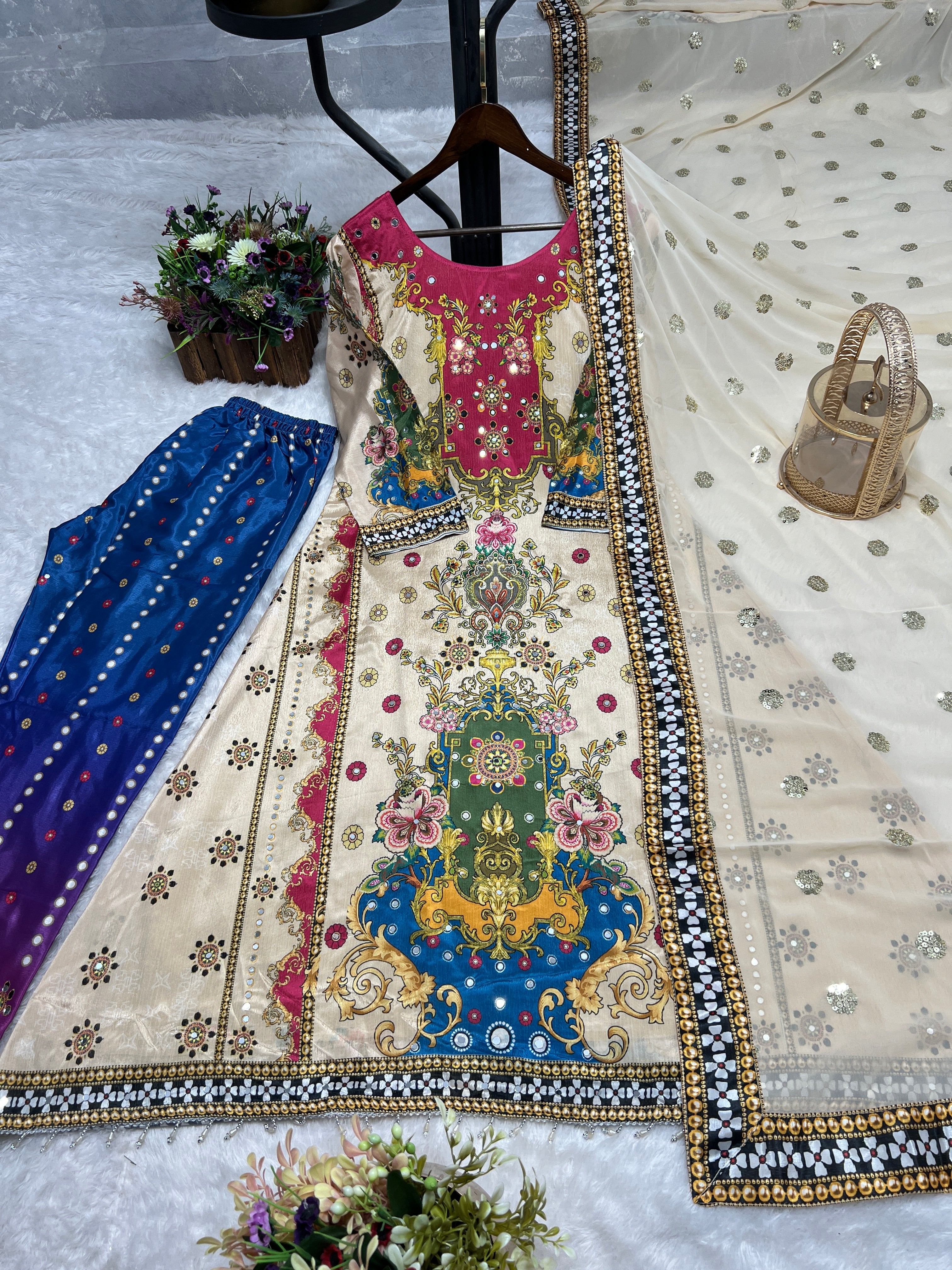 पार्टी वियर लुक टॉप-बॉटम और दुपट्टा रियल मिरर हैंड वर्क के साथ