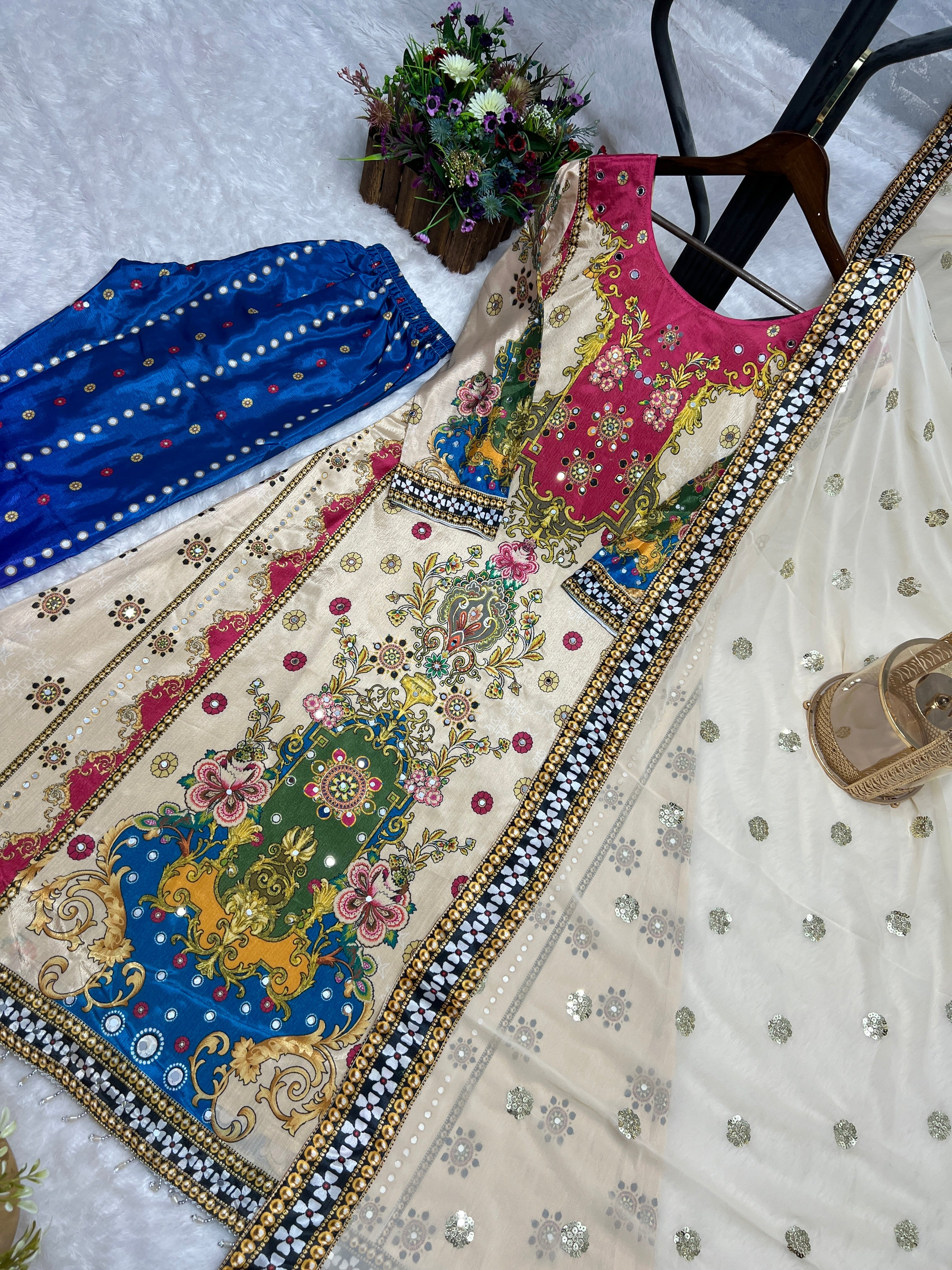 पार्टी वियर लुक टॉप-बॉटम और दुपट्टा रियल मिरर हैंड वर्क के साथ