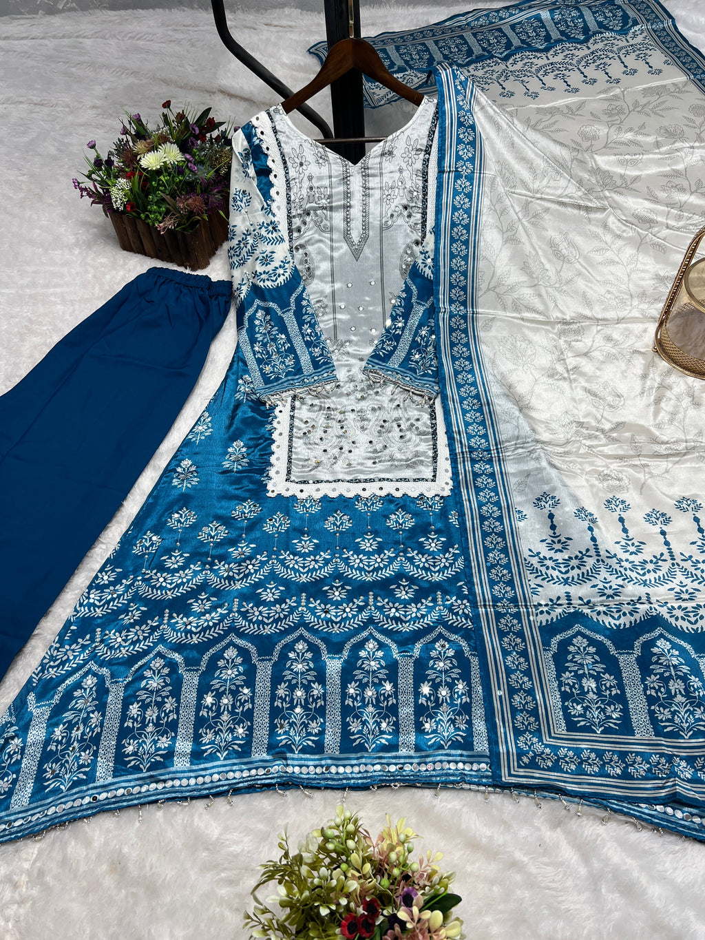 Beautiful Top-Bottom And Dupatta With Digital Print With Real Mirror Hand Work