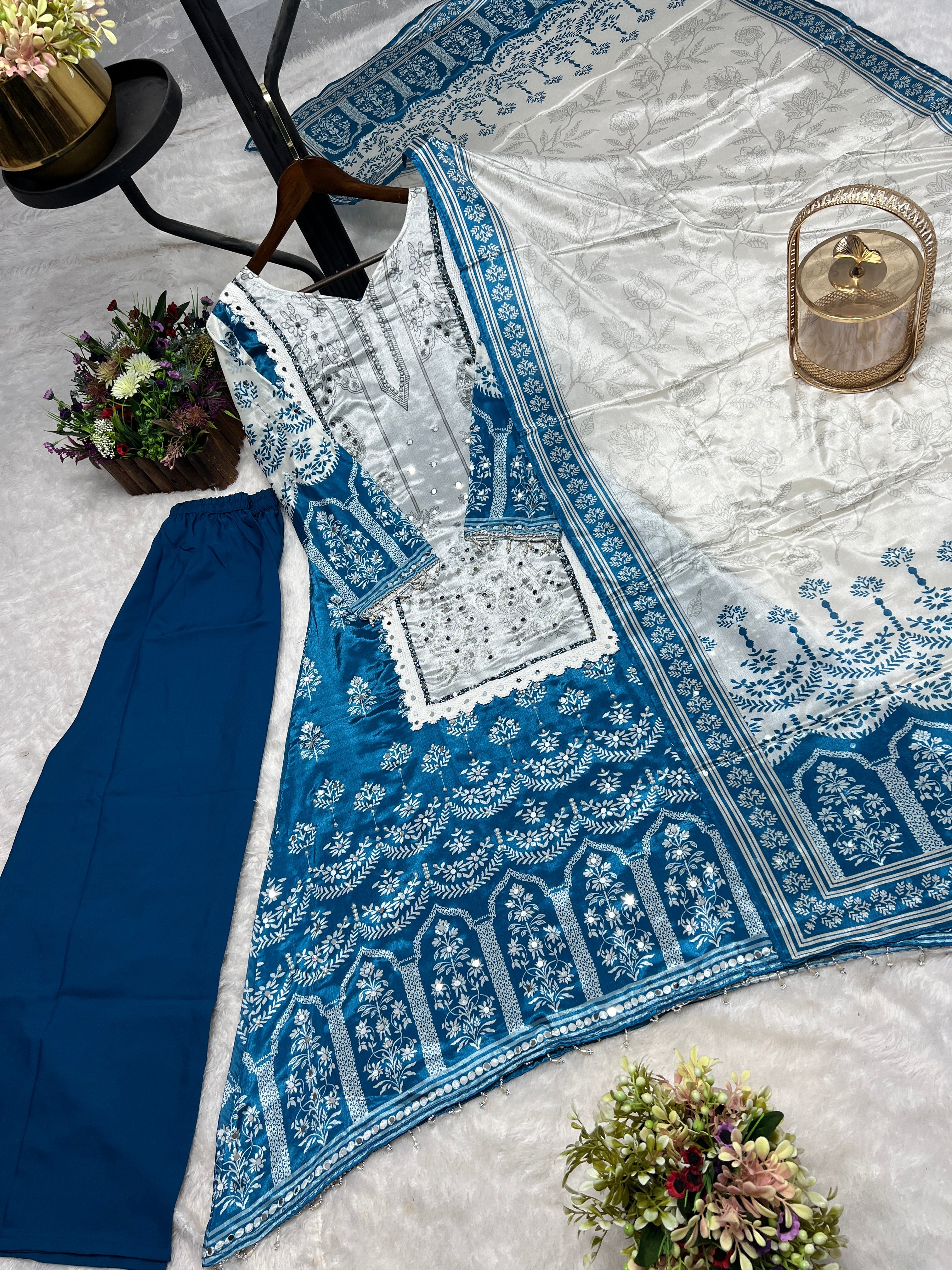 Beautiful Top-Bottom And Dupatta With Digital Print With Real Mirror Hand Work