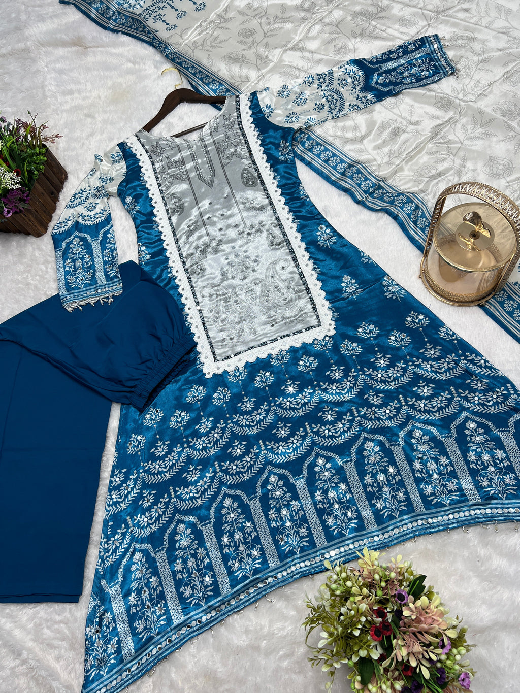 Beautiful Top-Bottom And Dupatta With Digital Print With Real Mirror Hand Work