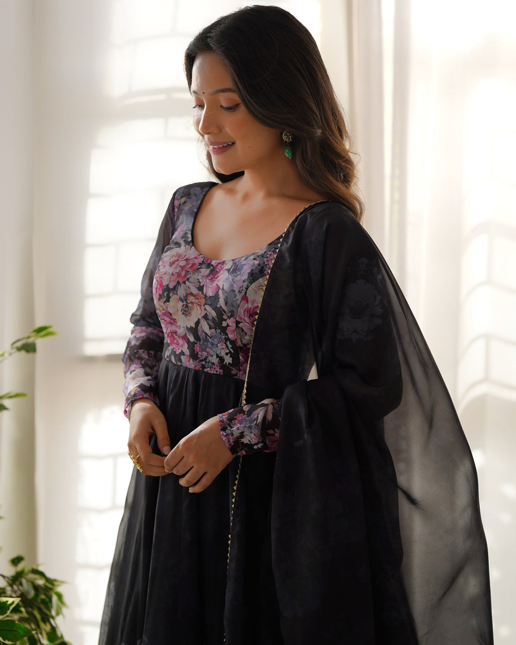 Party Wear Anarkali Gown And Pent With Dupatta With Floral Print