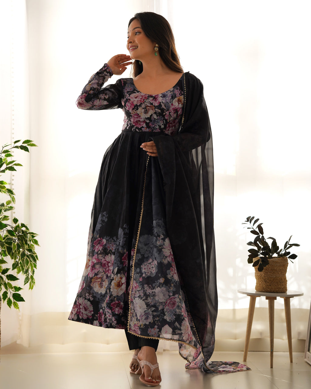 Party Wear Anarkali Gown And Pent With Dupatta With Floral Print