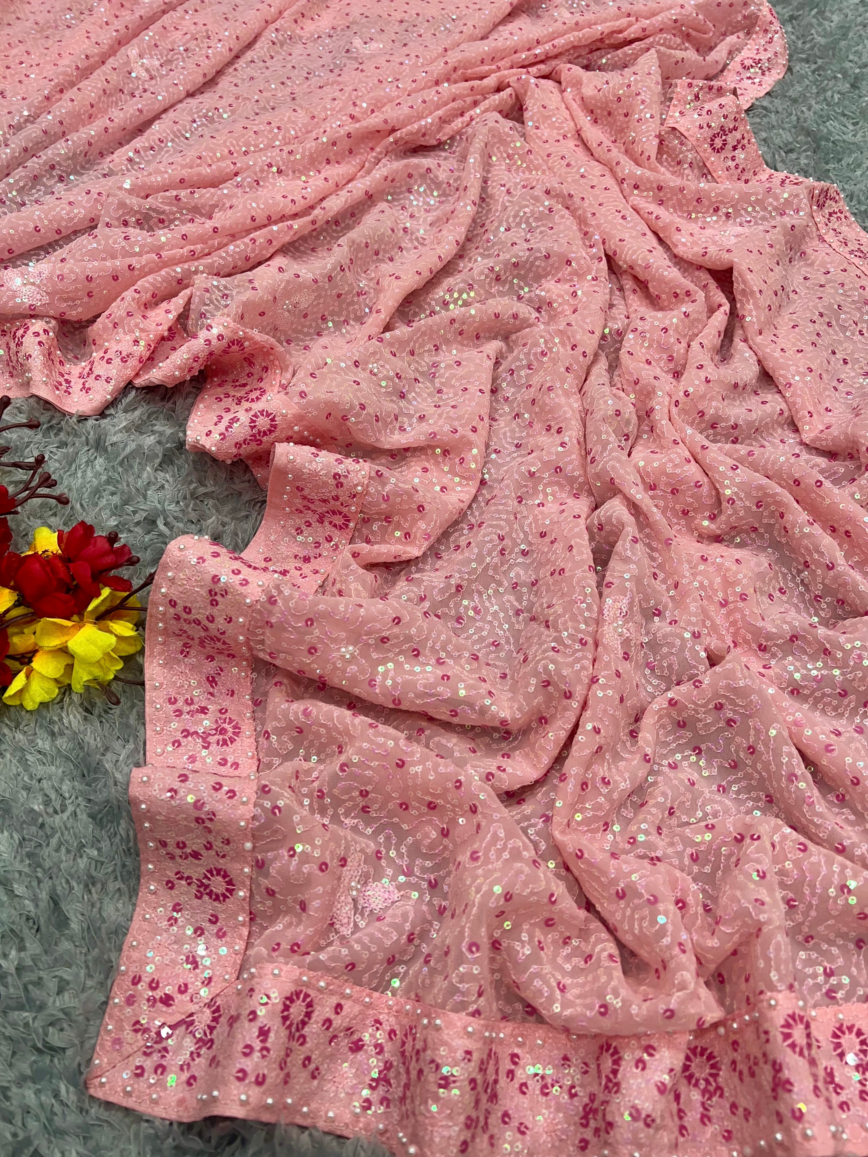 Party Wear Designer Saree With Beautiful Hand Pearl Work