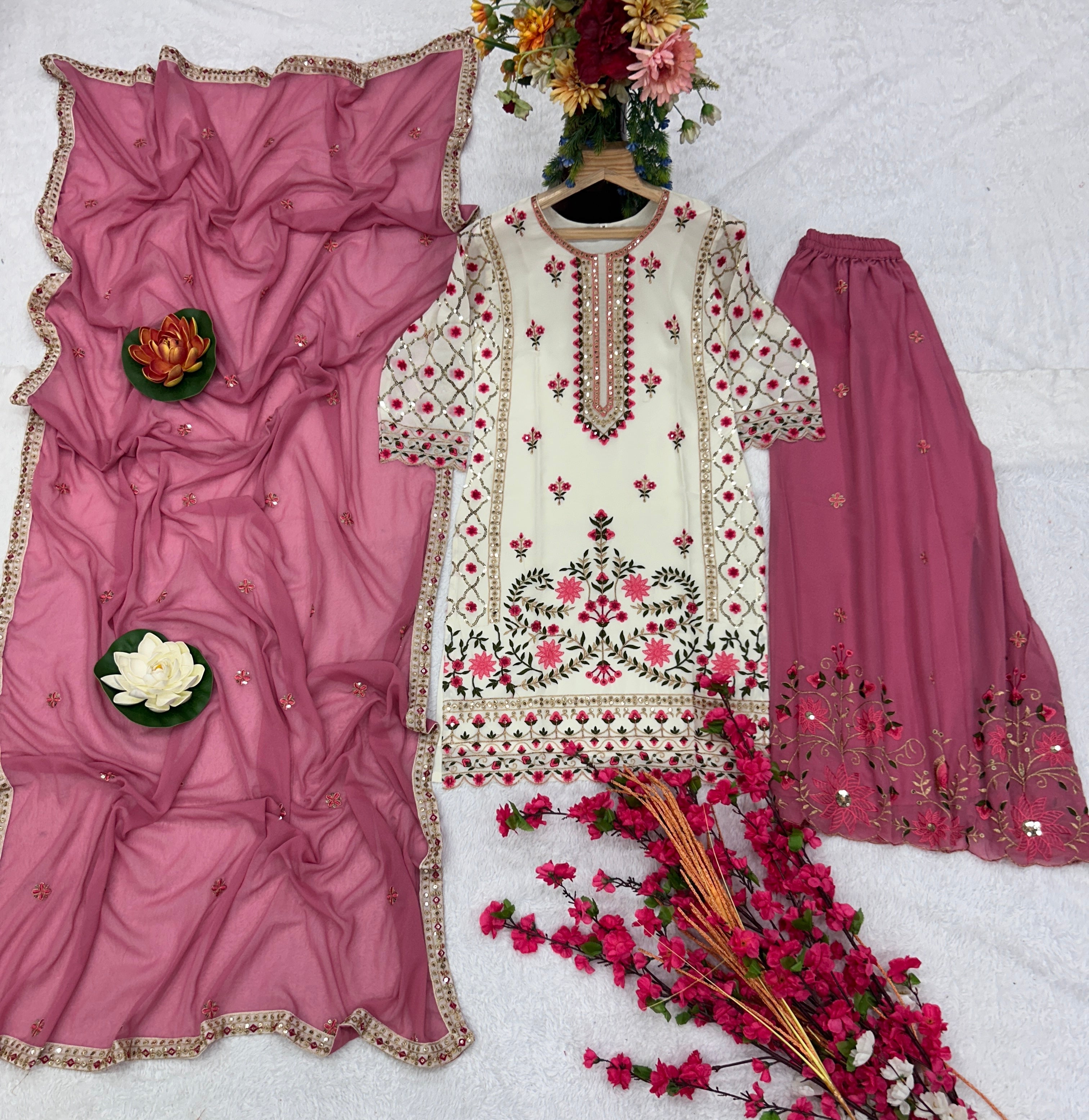 पार्टी वियर खूबसूरत टॉप-बॉटम और फैंसी दुपट्टा