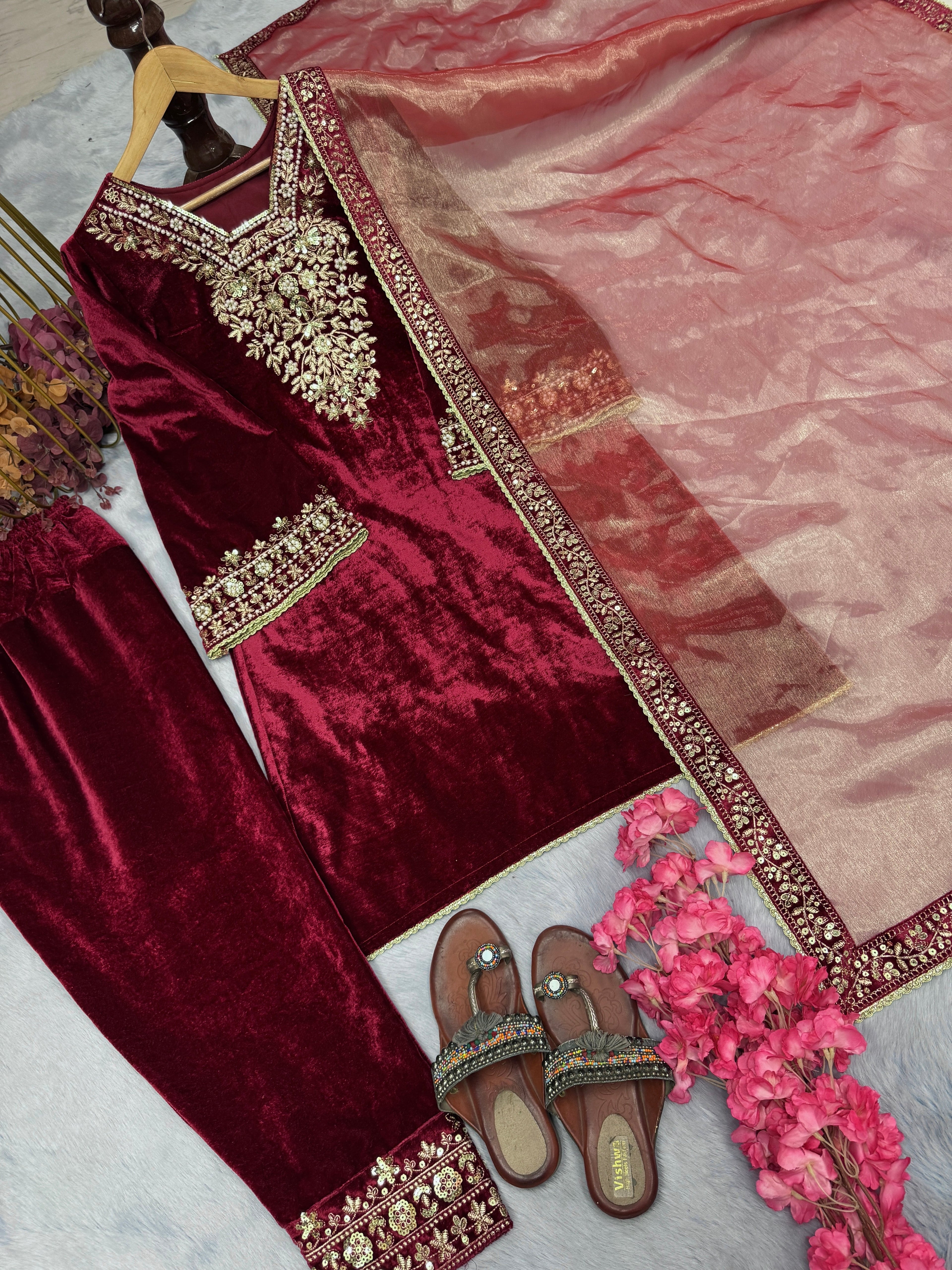 Designer Party Wear Look Heavy Pure Viscose Velvet Top Bottom & Dupatta Set