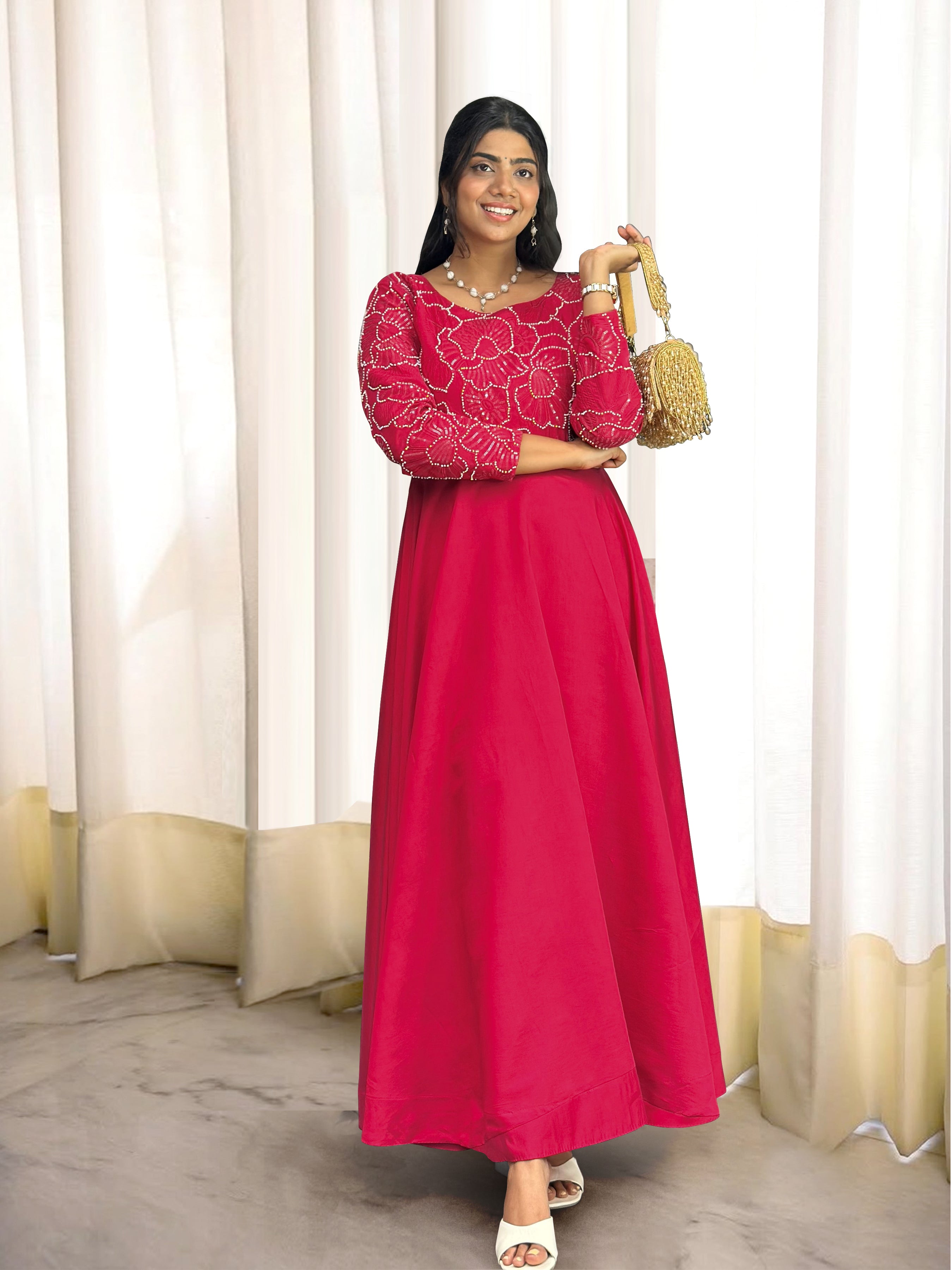 Designer Gown And Bottom With Embroidery Thread And Sequins Work