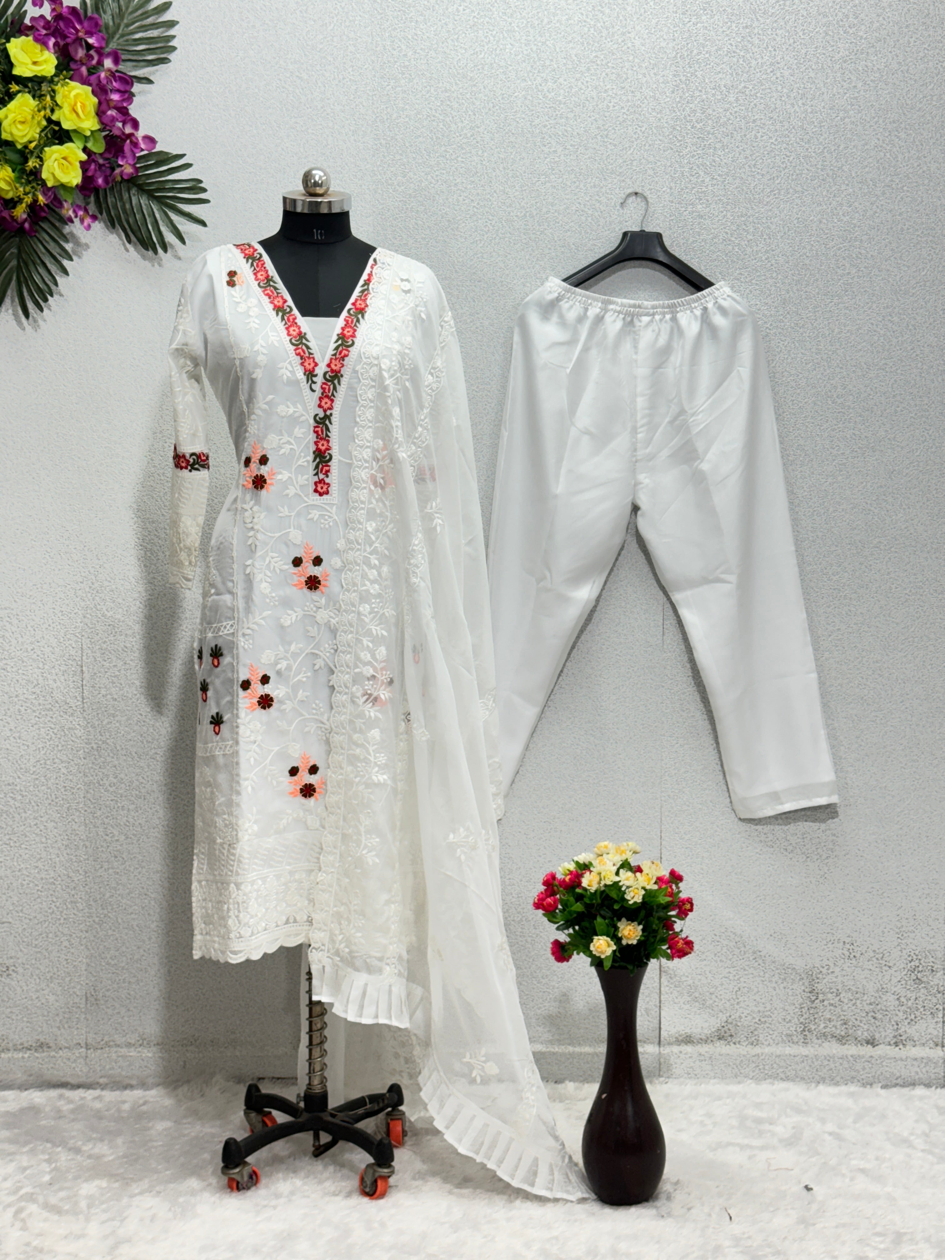 Designer Beautiful Top Pent And Dupatta With Embroidery Work