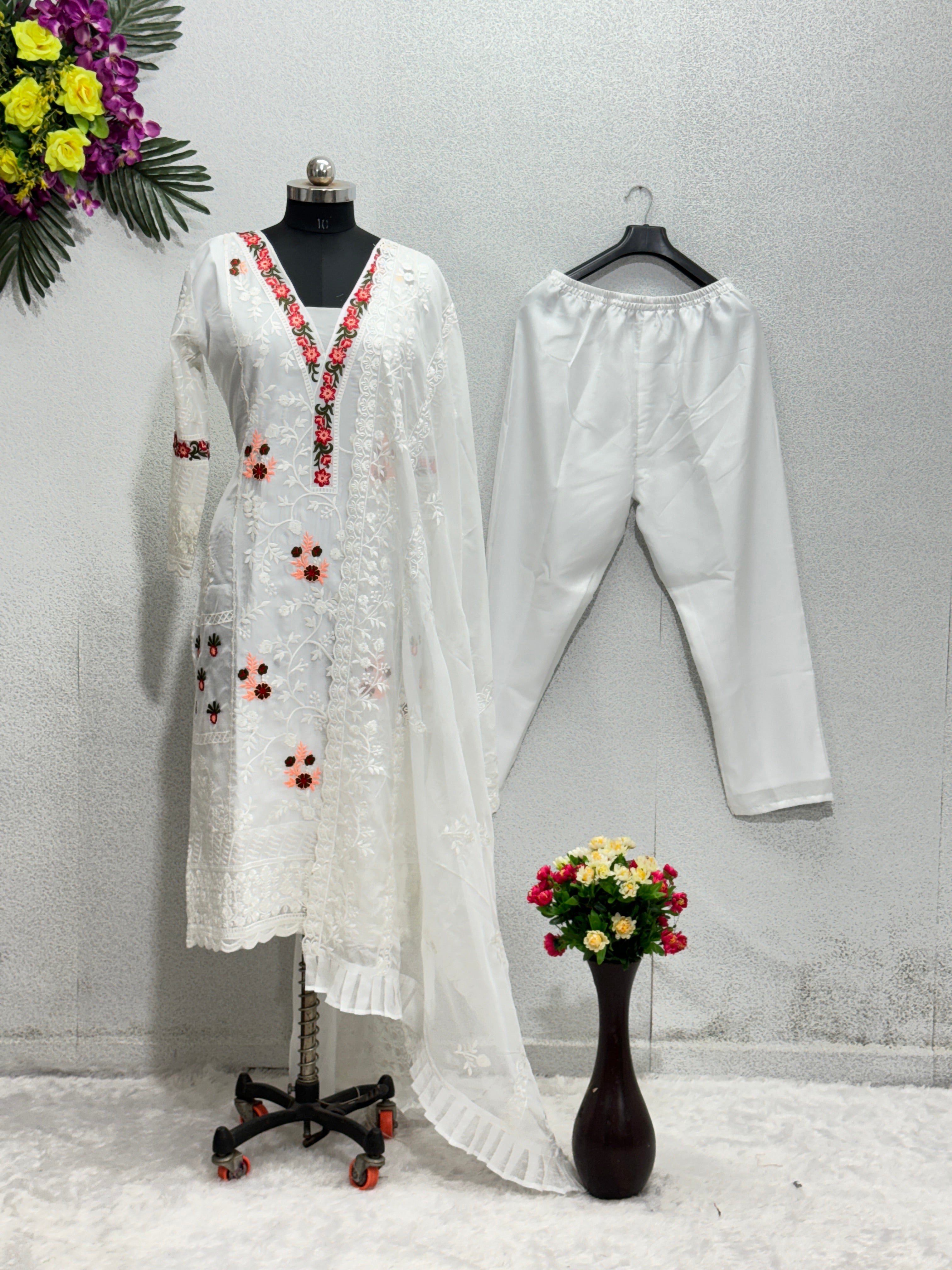 Designer Beautiful Top Pent And Dupatta With Embroidery Work