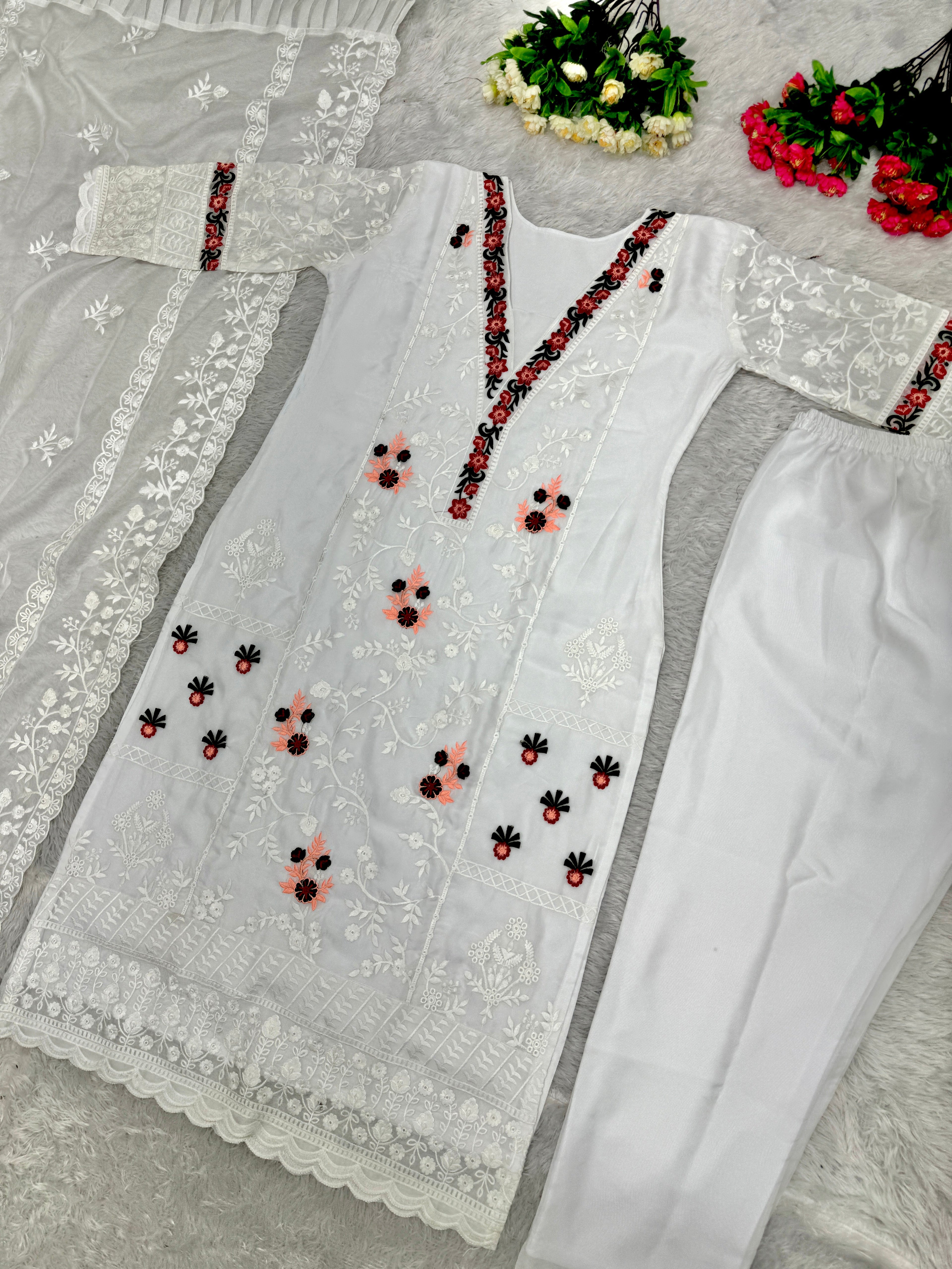 Designer Beautiful Top Pent And Dupatta With Embroidery Work