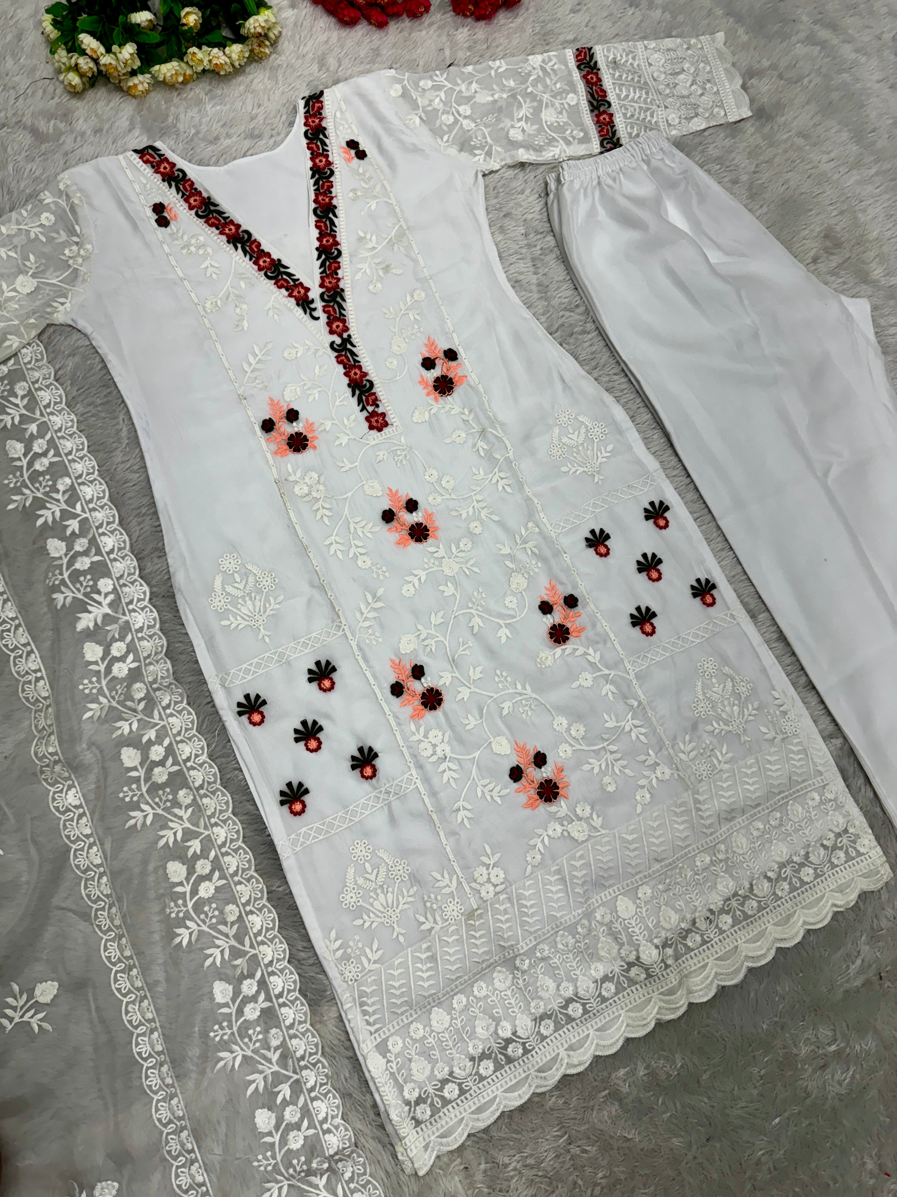 Designer Beautiful Top Pent And Dupatta With Embroidery Work