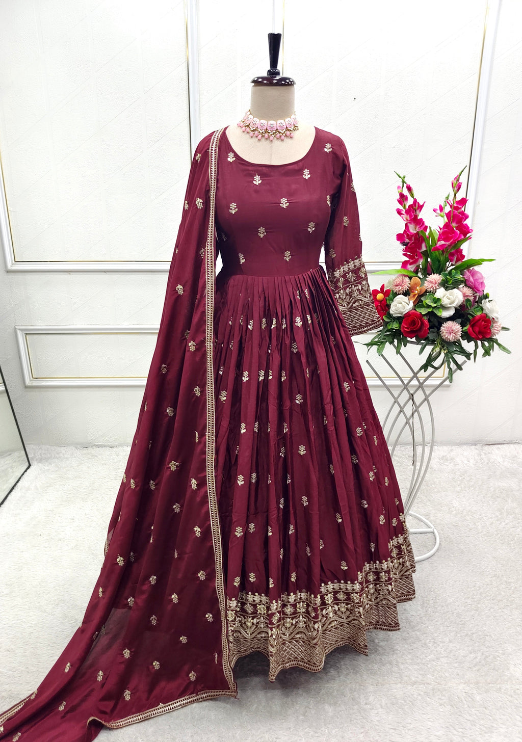 Designer Gown -Pent And Dupatta With Embroidery Sequence Work