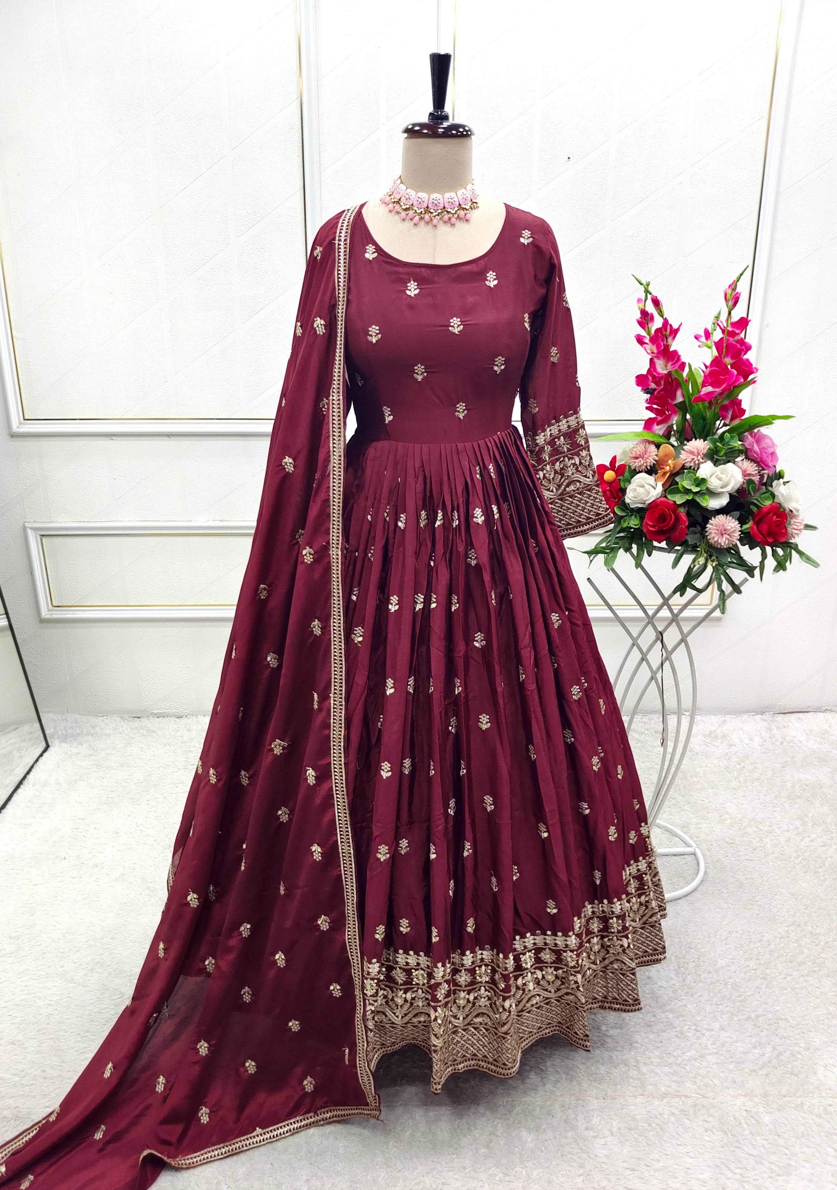 Designer Gown -Pent And Dupatta With Embroidery Sequence Work