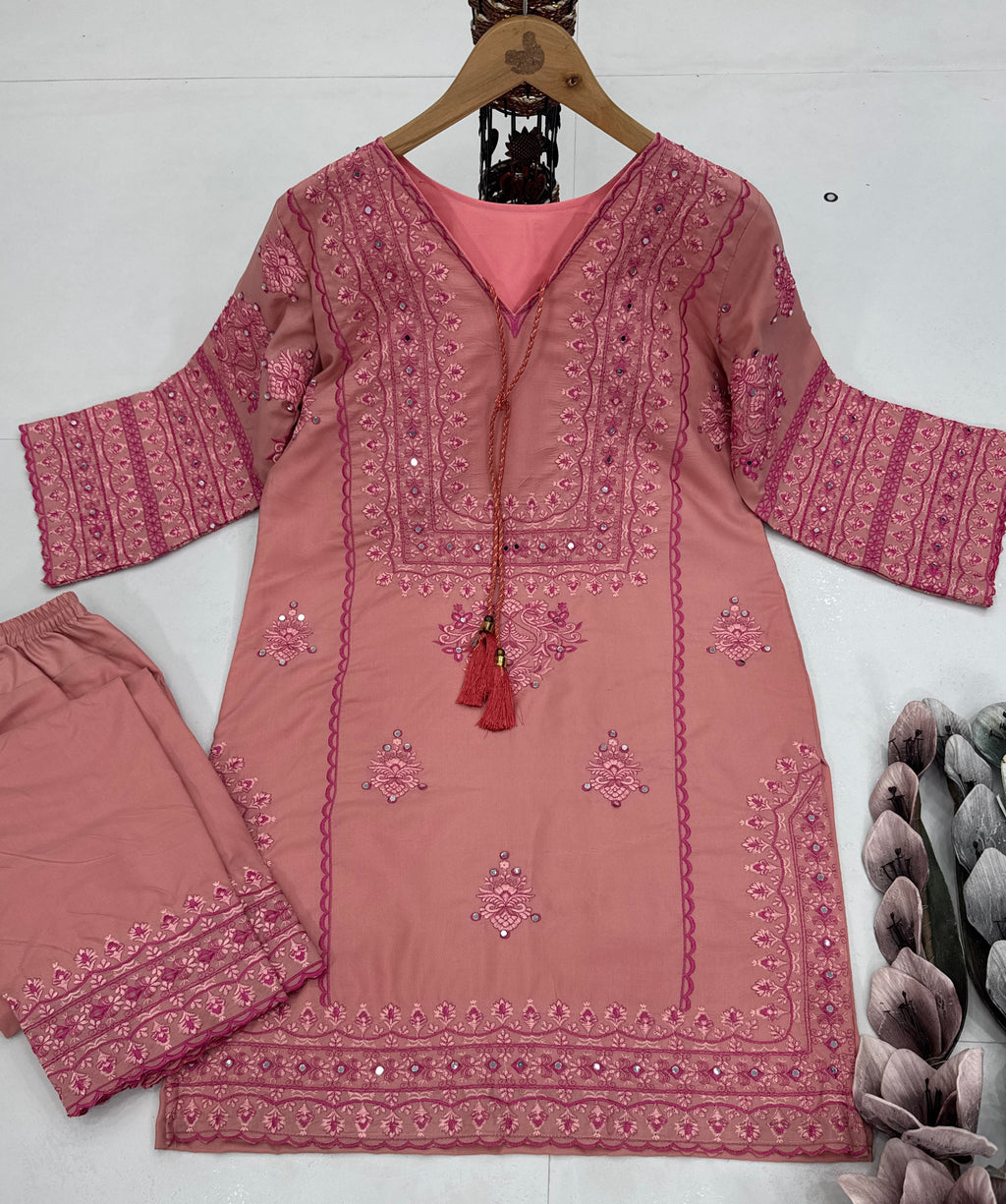 पार्टी वियर डिज़ाइनर टॉप बॉटम रियल मिरर हैंड वर्क के साथ