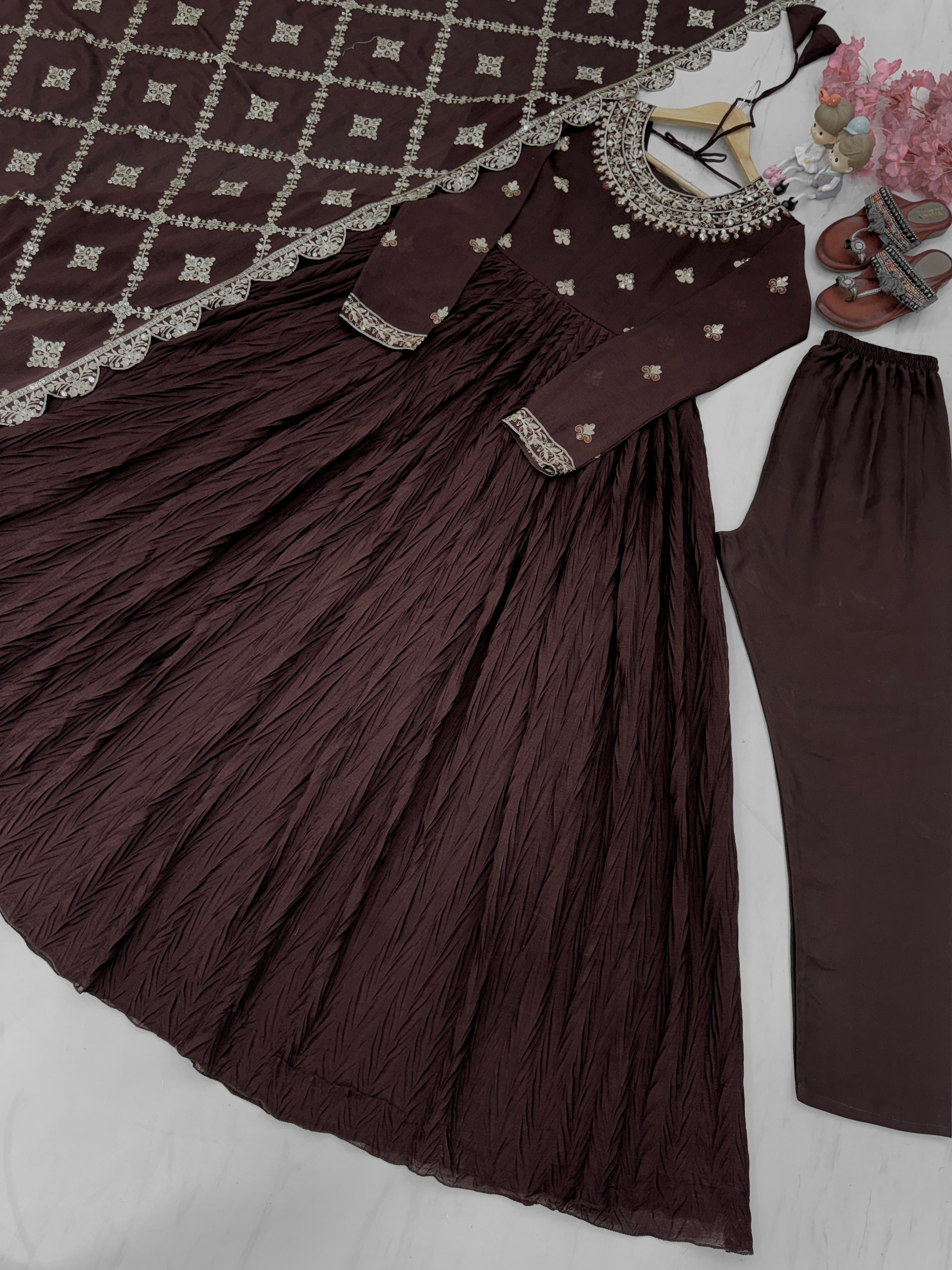 Party Wear Look Pure Crush Chinon Silk Fancy Gown, Dupatta & Bottom Set