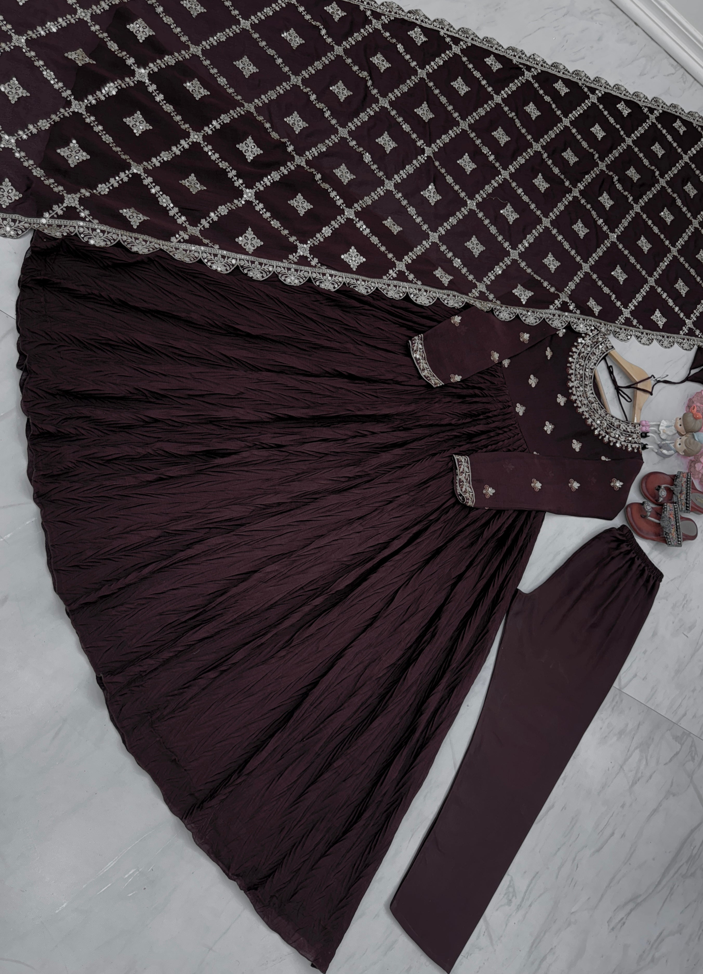 Party Wear Look Pure Crush Chinon Silk Fancy Gown, Dupatta & Bottom Set