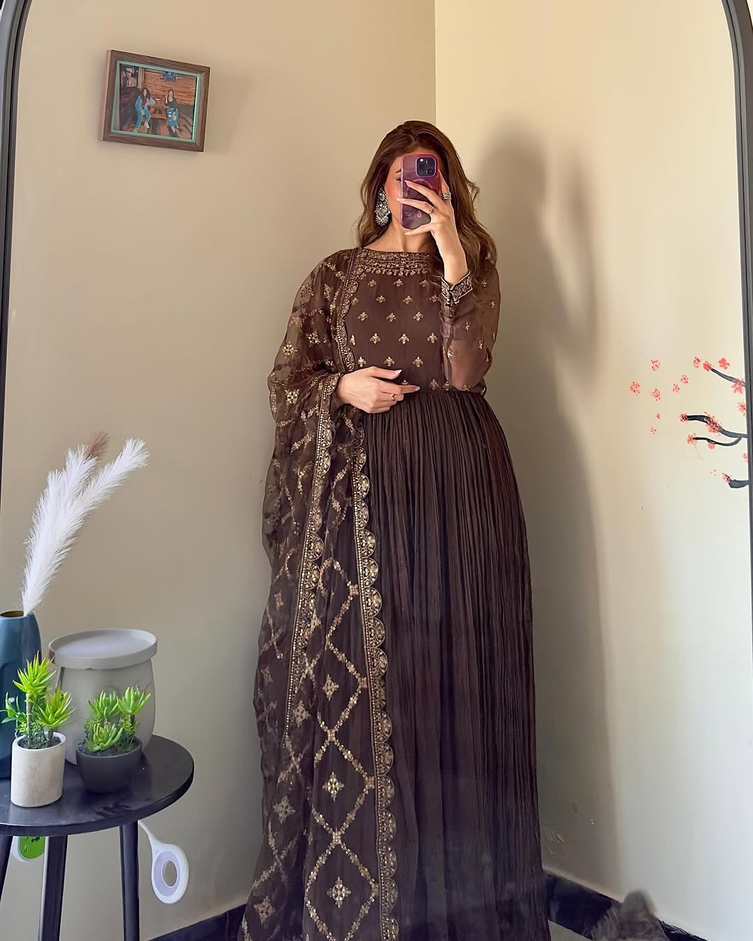 Party Wear Look Pure Crush Chinon Silk Fancy Gown, Dupatta & Bottom Set
