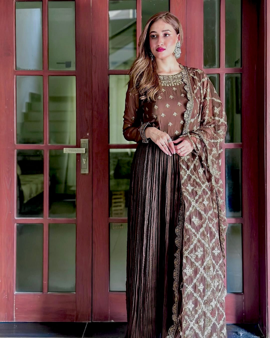 Party Wear Look Pure Crush Chinon Silk Fancy Gown, Dupatta & Bottom Set