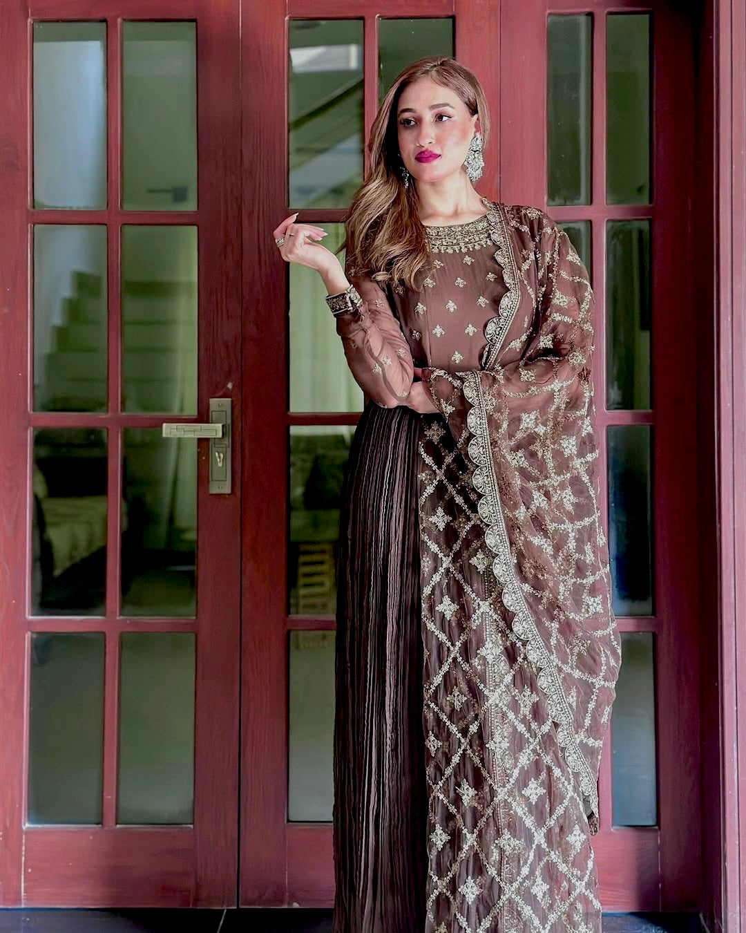 Party Wear Look Pure Crush Chinon Silk Fancy Gown, Dupatta & Bottom Set