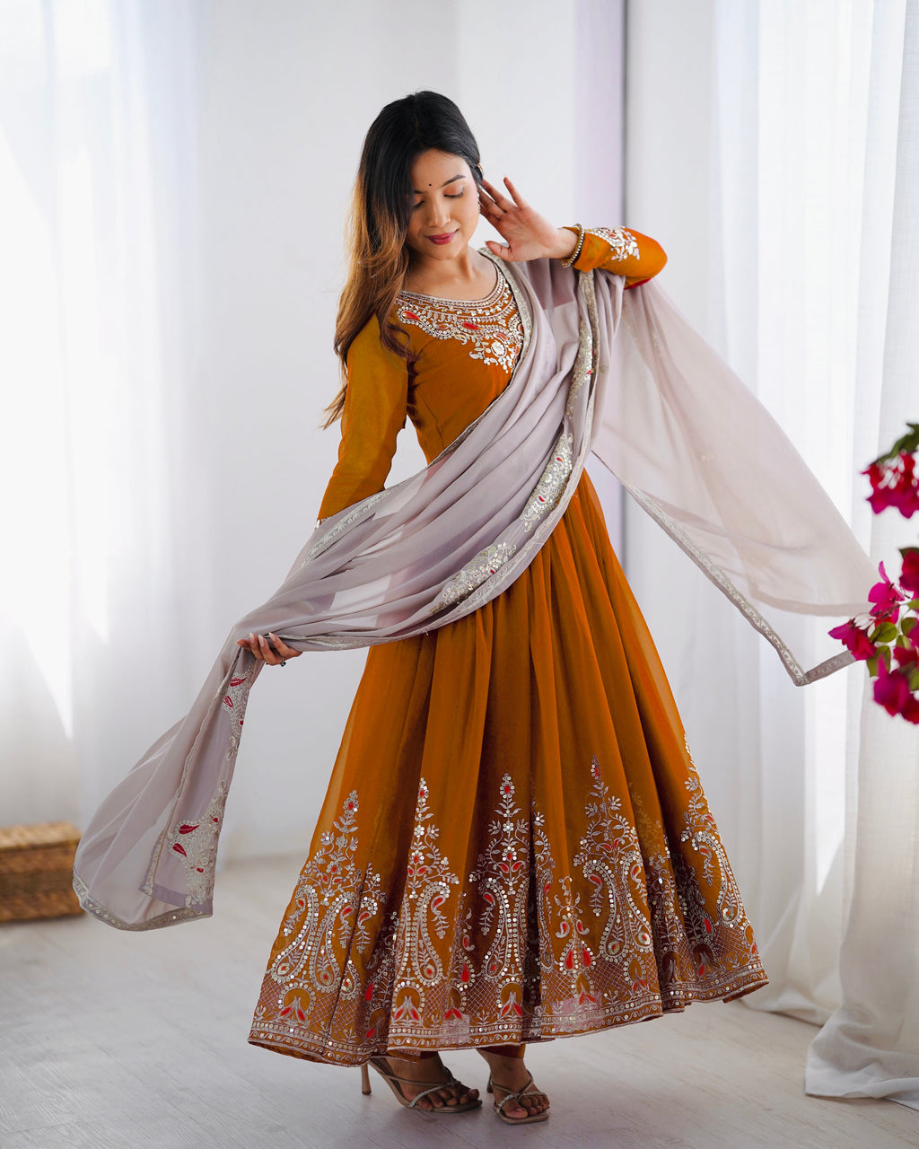 Designer Party Wear Gown-Dupatta in Heavy Multi Thread Embroidery Sequence Work