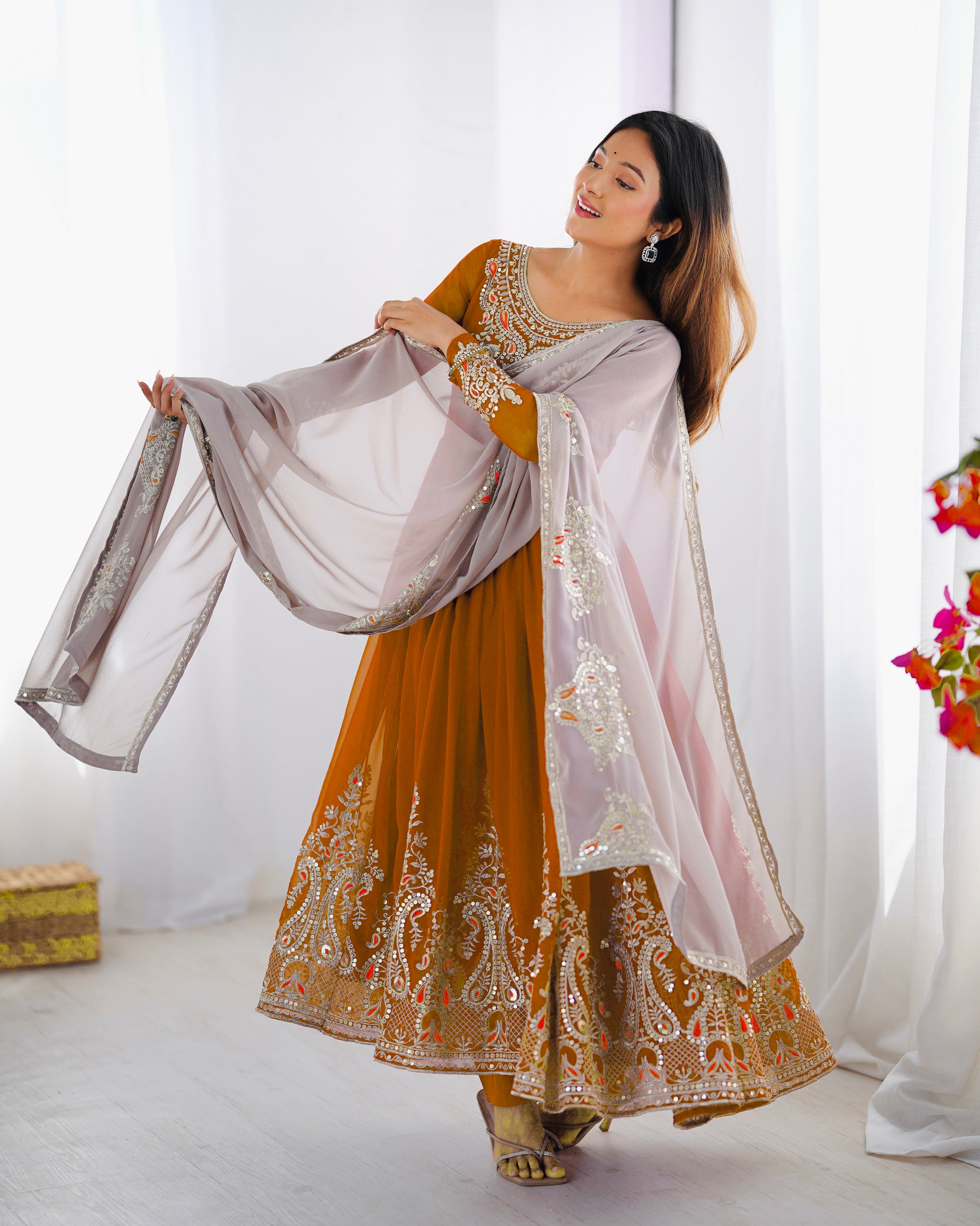 Designer Party Wear Gown-Dupatta in Heavy Multi Thread Embroidery Sequence Work