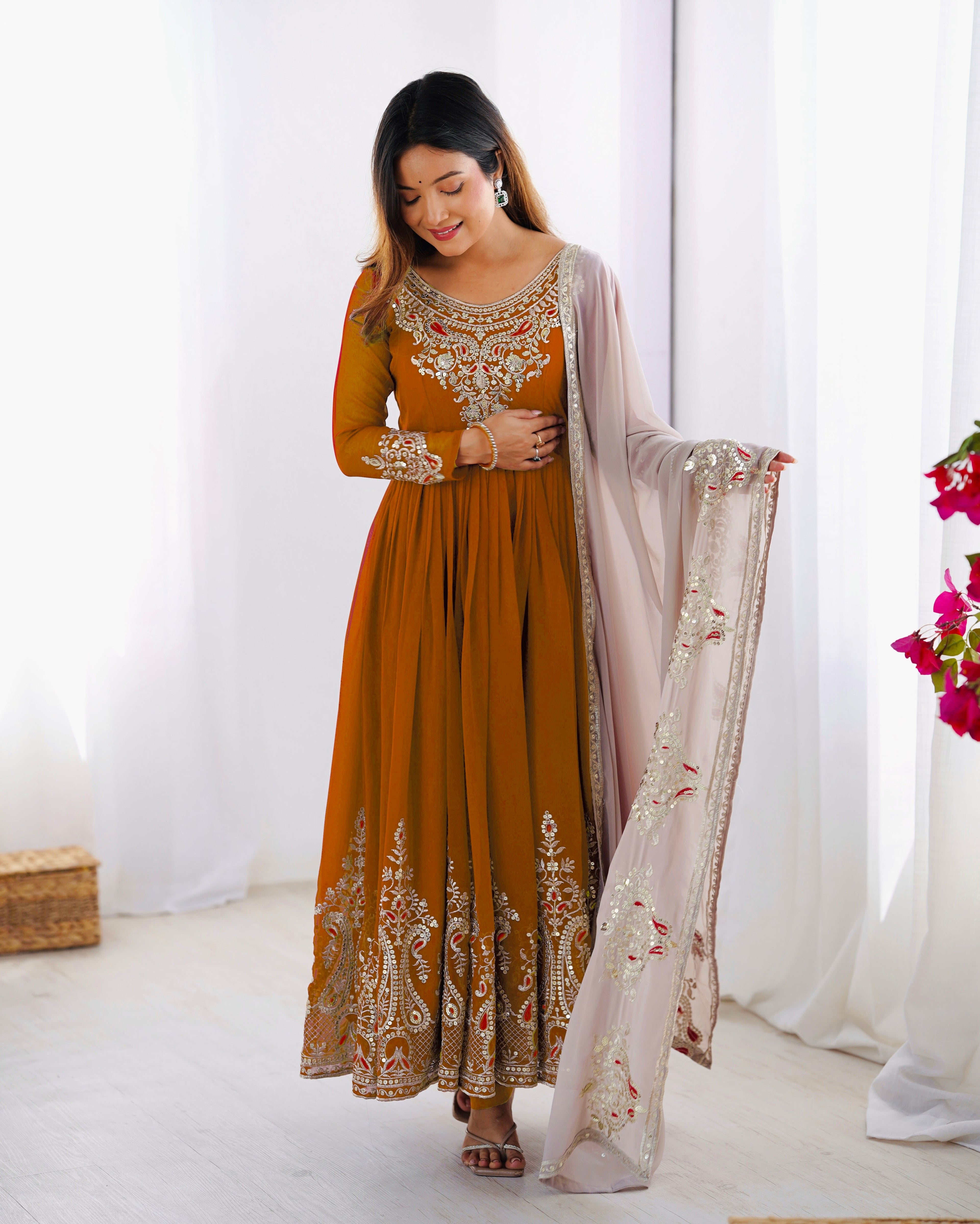 Designer Party Wear Gown-Dupatta in Heavy Multi Thread Embroidery Sequence Work