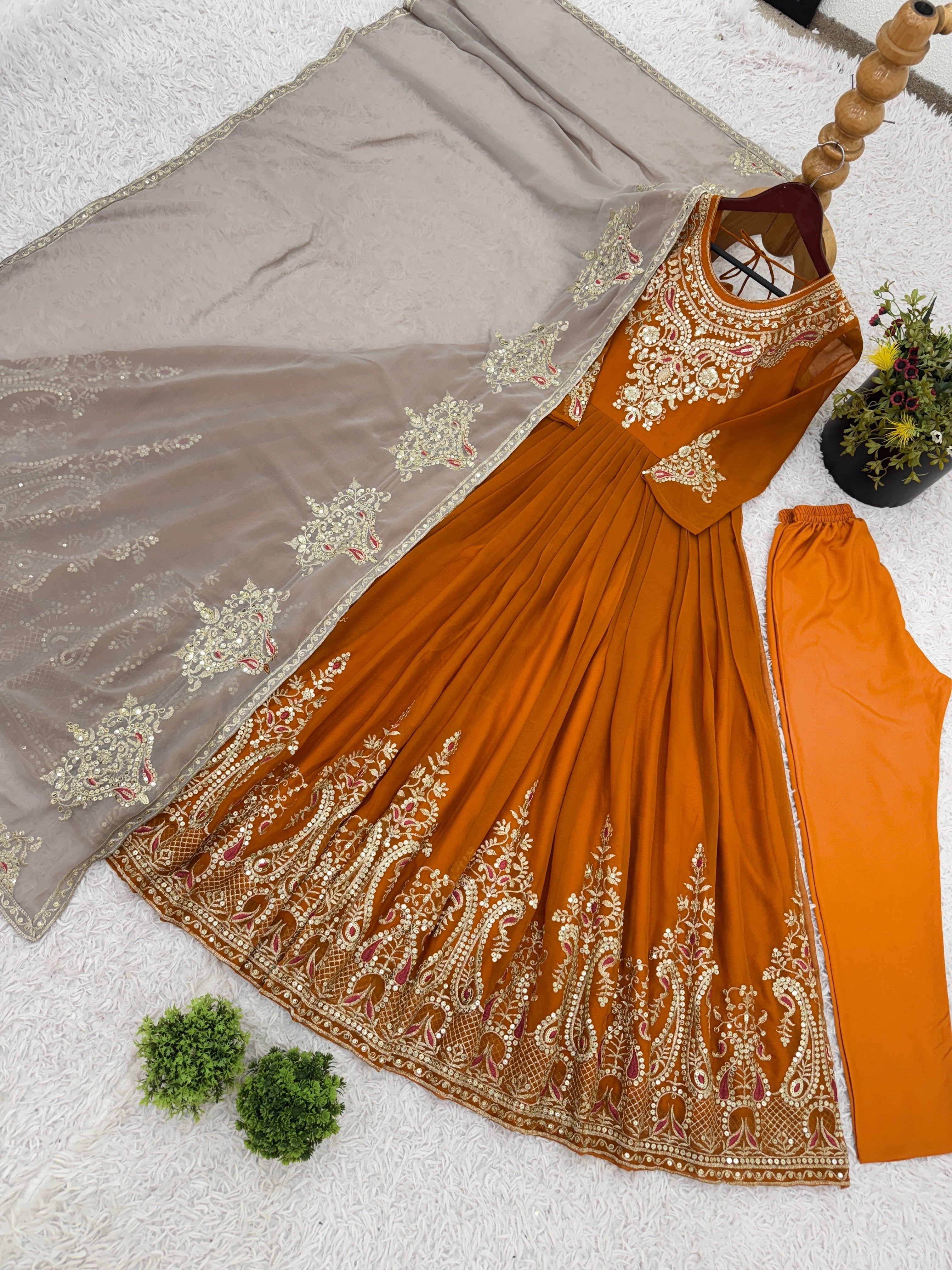 Designer Party Wear Gown-Dupatta in Heavy Multi Thread Embroidery Sequence Work