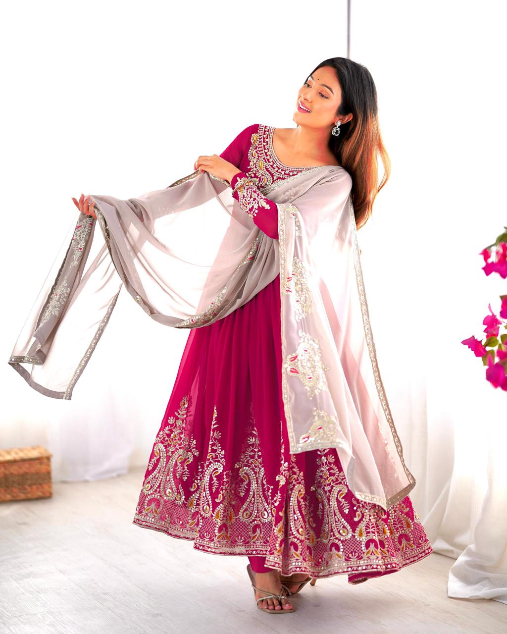 Designer Party Wear Gown-Dupatta in Heavy Multi Thread Embroidery Sequence Work