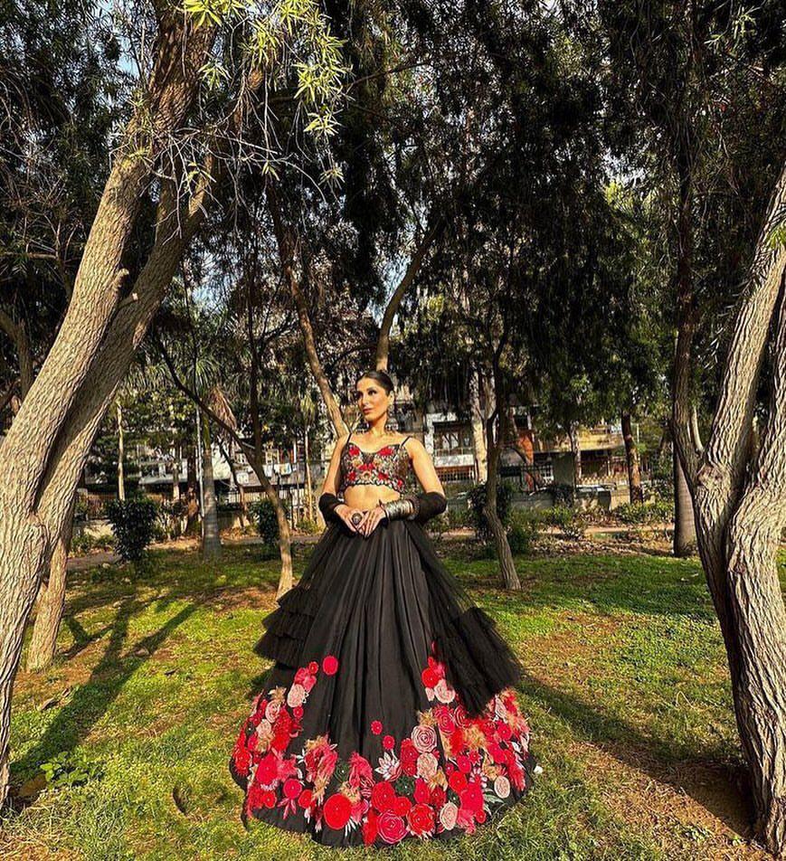 कढ़ाई सेक्विन वर्क के साथ डिज़ाइनर लहंगा चोली