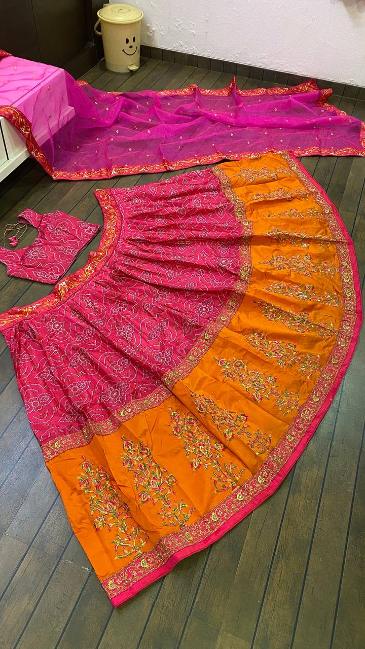 Designer Bandhni Look Lehenga Choli With Dori , Thread & Sequence work