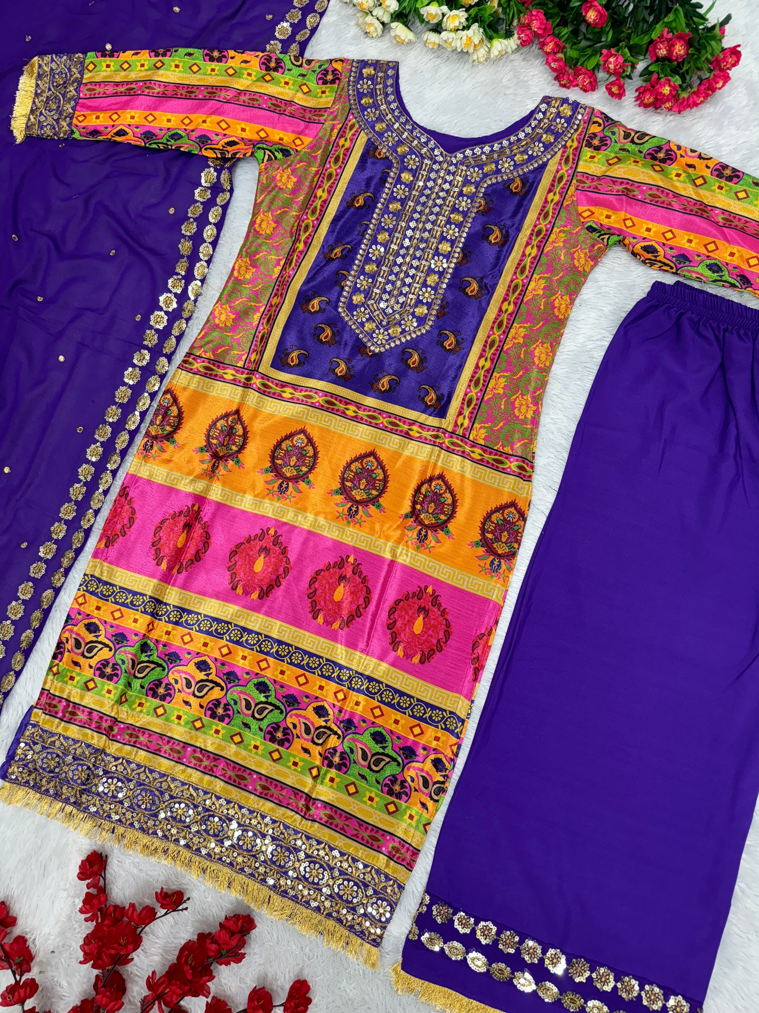Beautiful Top Bottom And Dupatta With Digital Print Hand Work